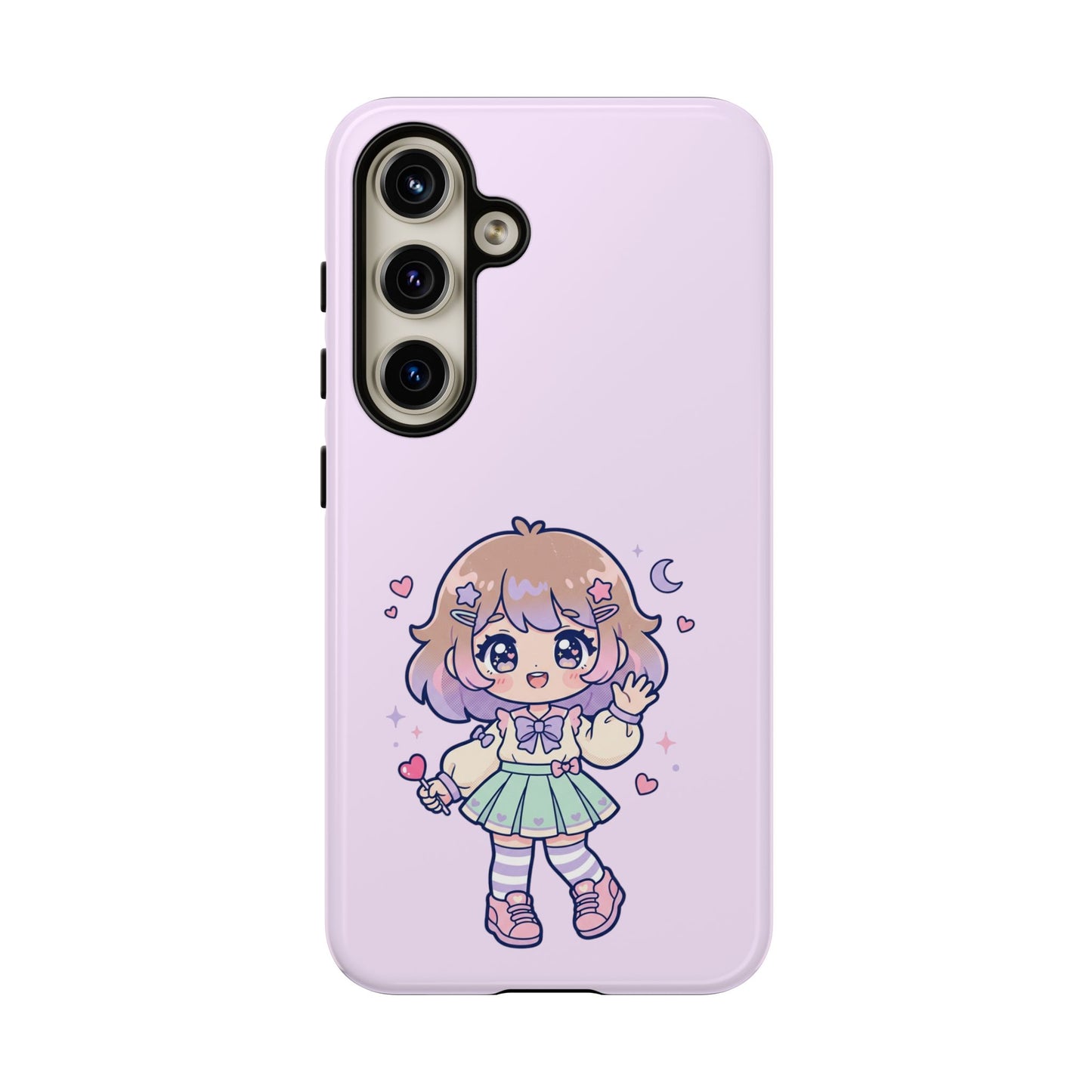 Cute Kawaii Girl Phone Case — Pastel Anime iPhone Cover with Hearts & Moon