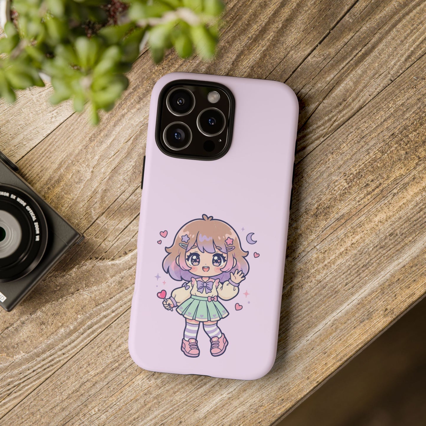 Cute Kawaii Girl Phone Case — Pastel Anime iPhone Cover with Hearts & Moon