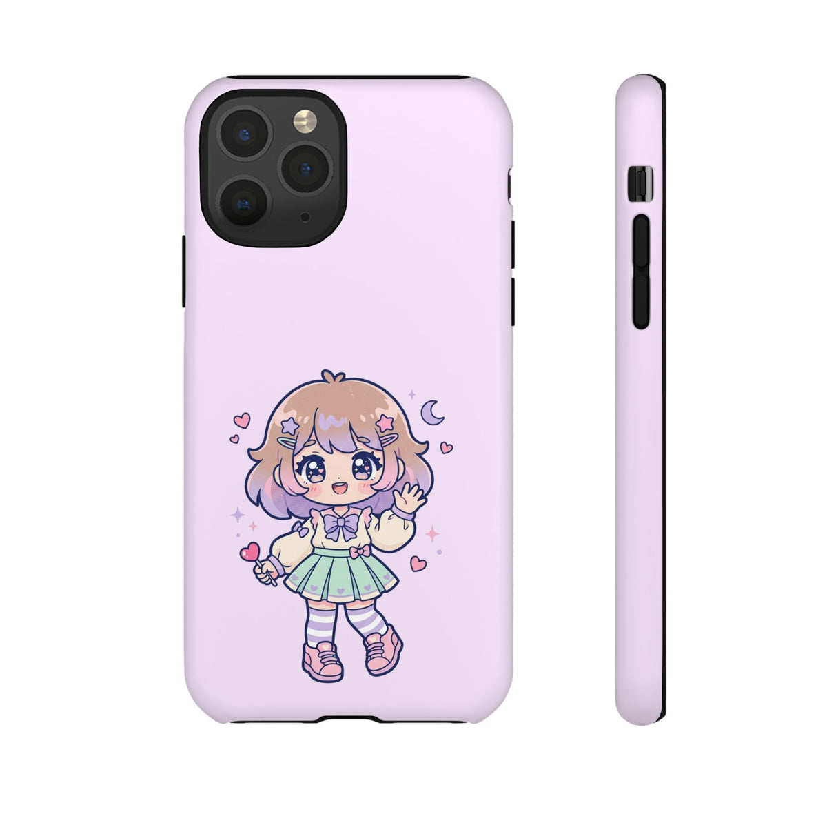 Cute Kawaii Girl Phone Case — Pastel Anime iPhone Cover with Hearts & Moon