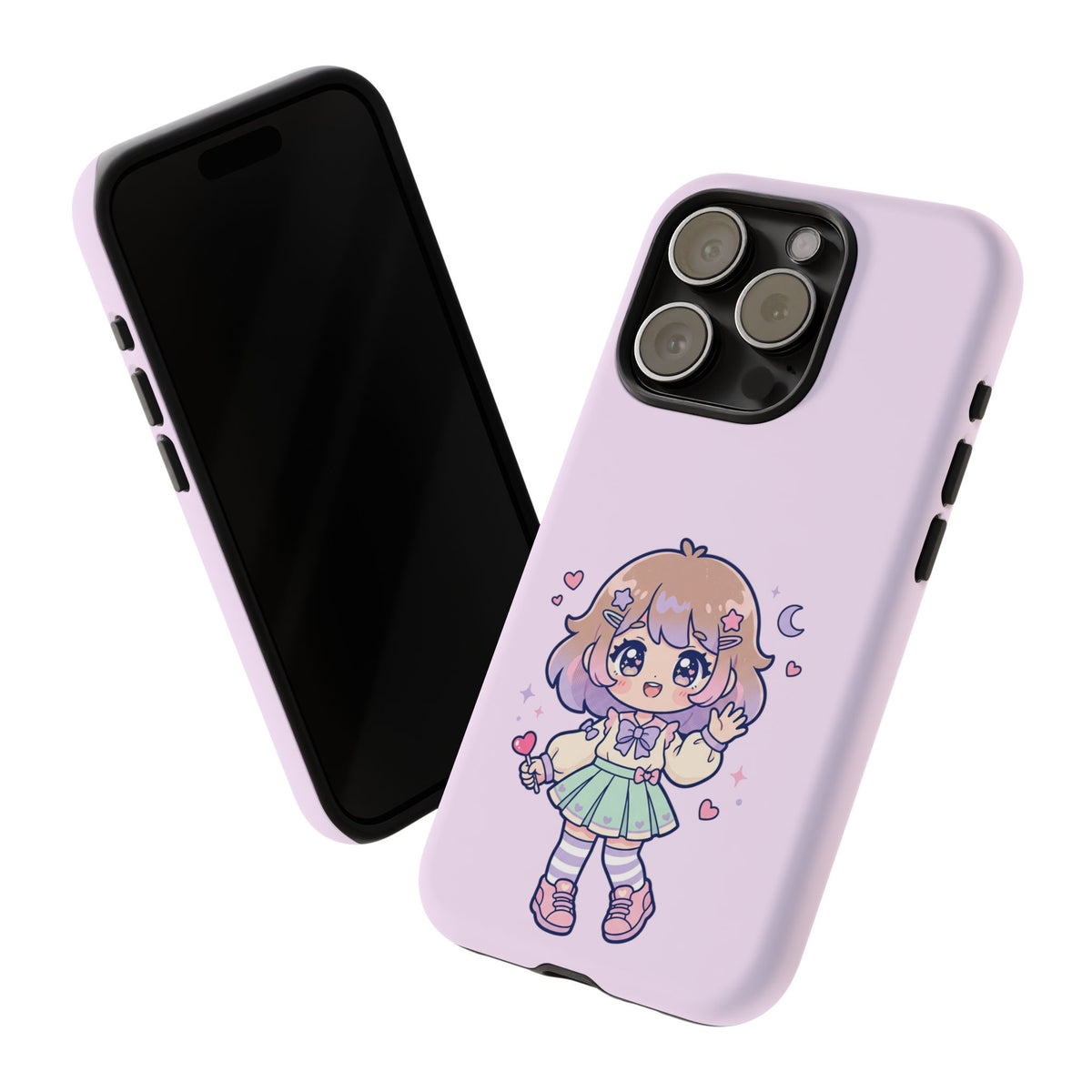 Cute Kawaii Girl Phone Case — Pastel Anime iPhone Cover with Hearts & Moon
