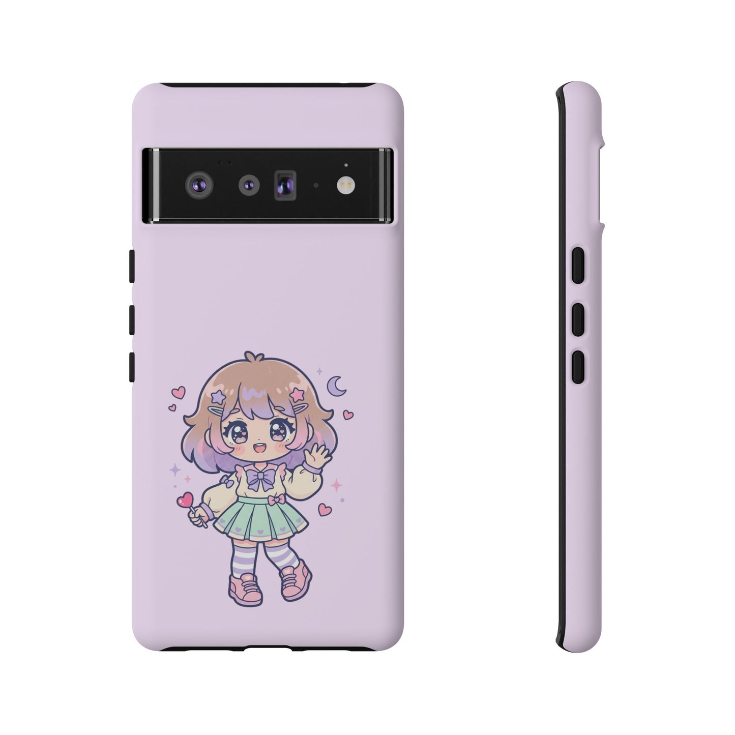 Cute Kawaii Girl Phone Case — Pastel Anime iPhone Cover with Hearts & Moon