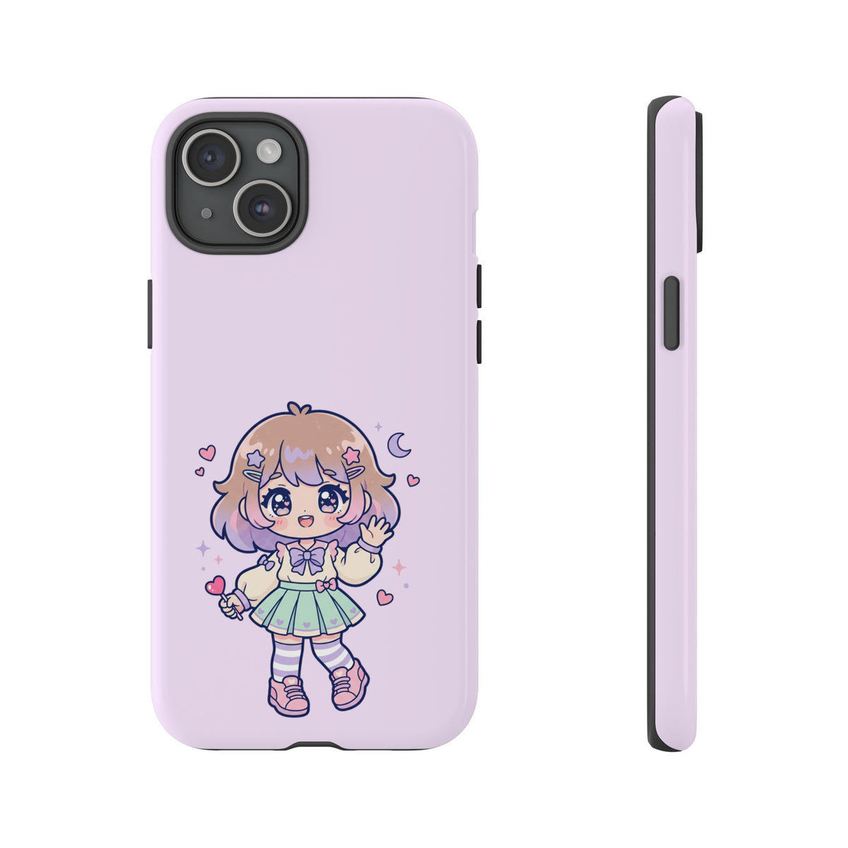 Cute Kawaii Girl Phone Case — Pastel Anime iPhone Cover with Hearts & Moon