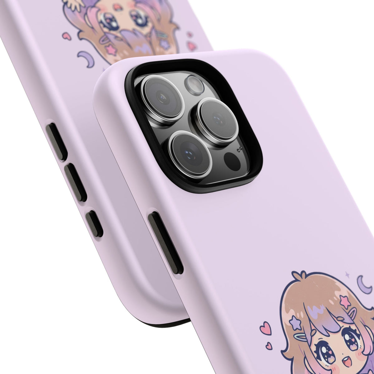 Cute Kawaii Girl Phone Case — Pastel Anime iPhone Cover with Hearts & Moon