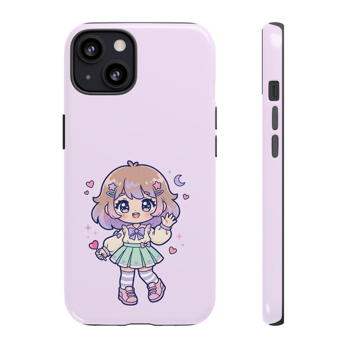 Cute Kawaii Girl Phone Case — Pastel Anime iPhone Cover with Hearts & Moon