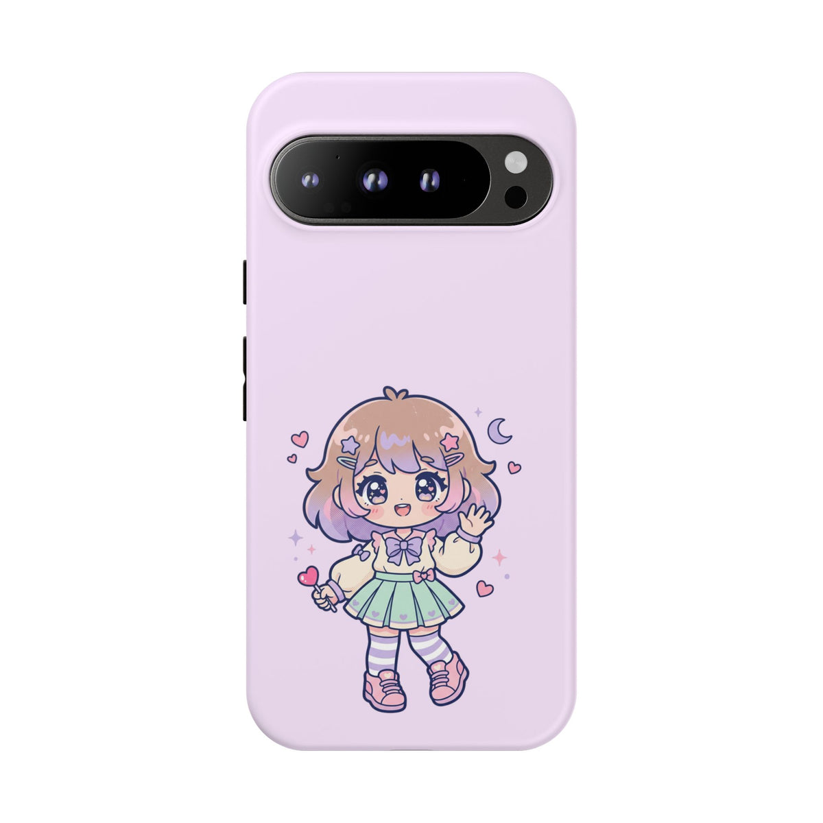 Cute Kawaii Girl Phone Case — Pastel Anime iPhone Cover with Hearts & Moon