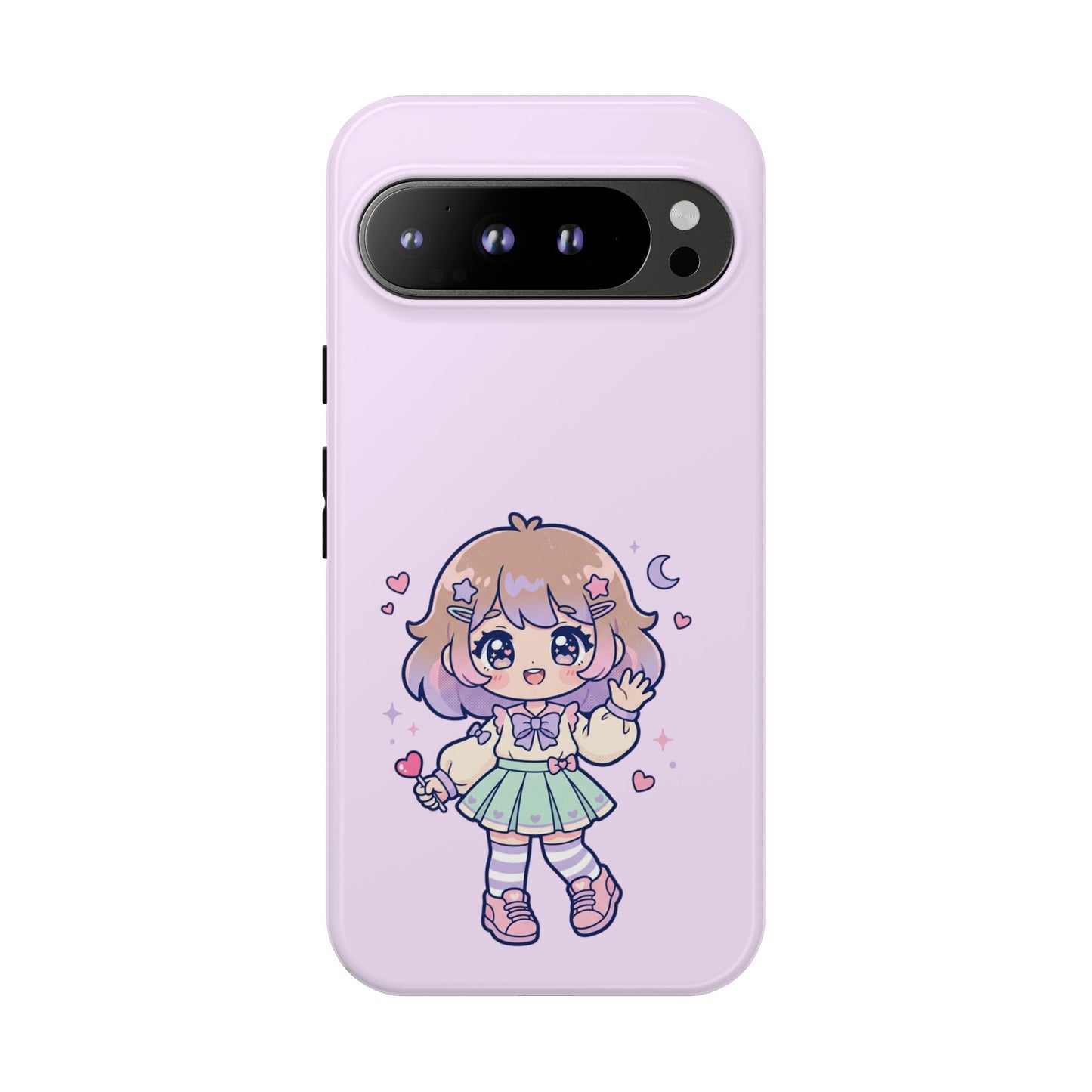 Cute Kawaii Girl Phone Case — Pastel Anime iPhone Cover with Hearts & Moon