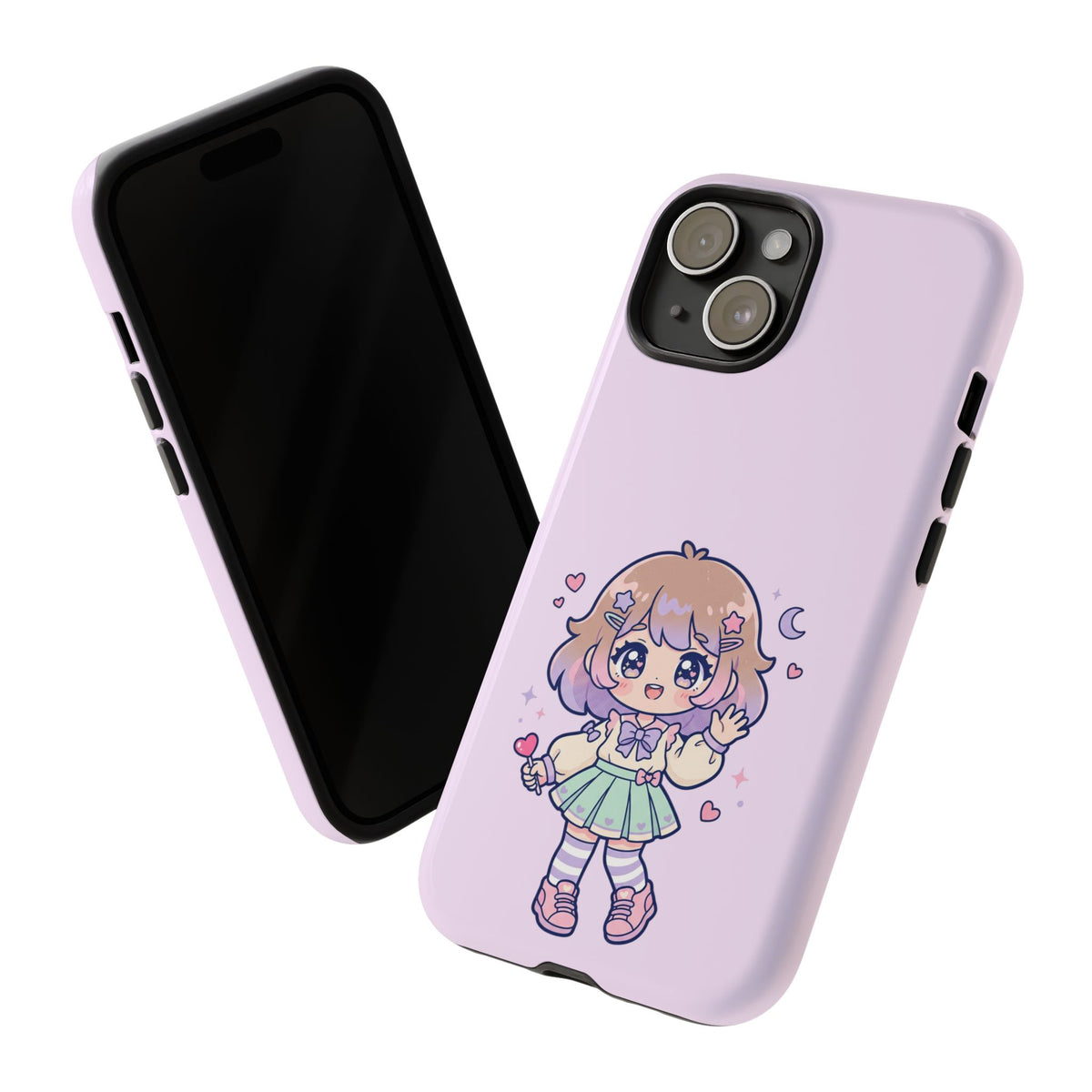 Cute Kawaii Girl Phone Case — Pastel Anime iPhone Cover with Hearts & Moon
