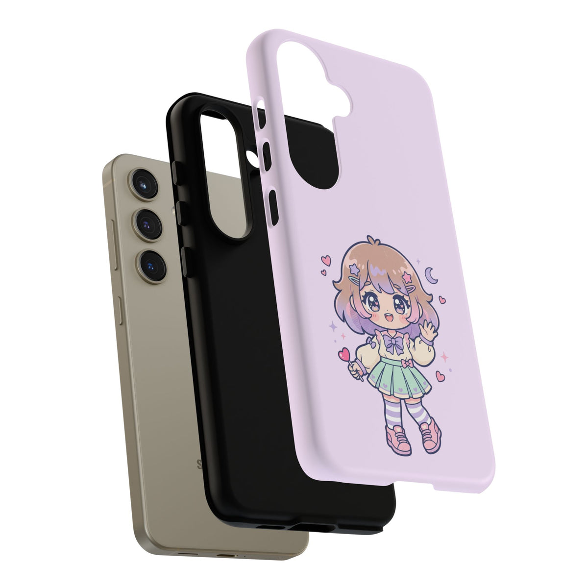 Cute Kawaii Girl Phone Case — Pastel Anime iPhone Cover with Hearts & Moon