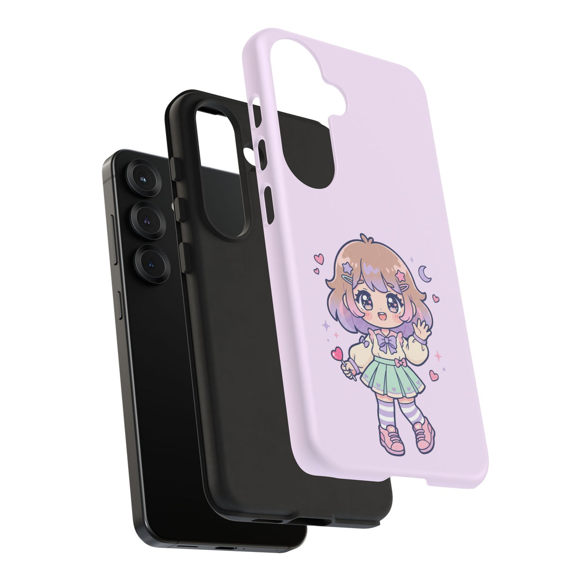 Cute Kawaii Girl Phone Case — Pastel Anime iPhone Cover with Hearts & Moon