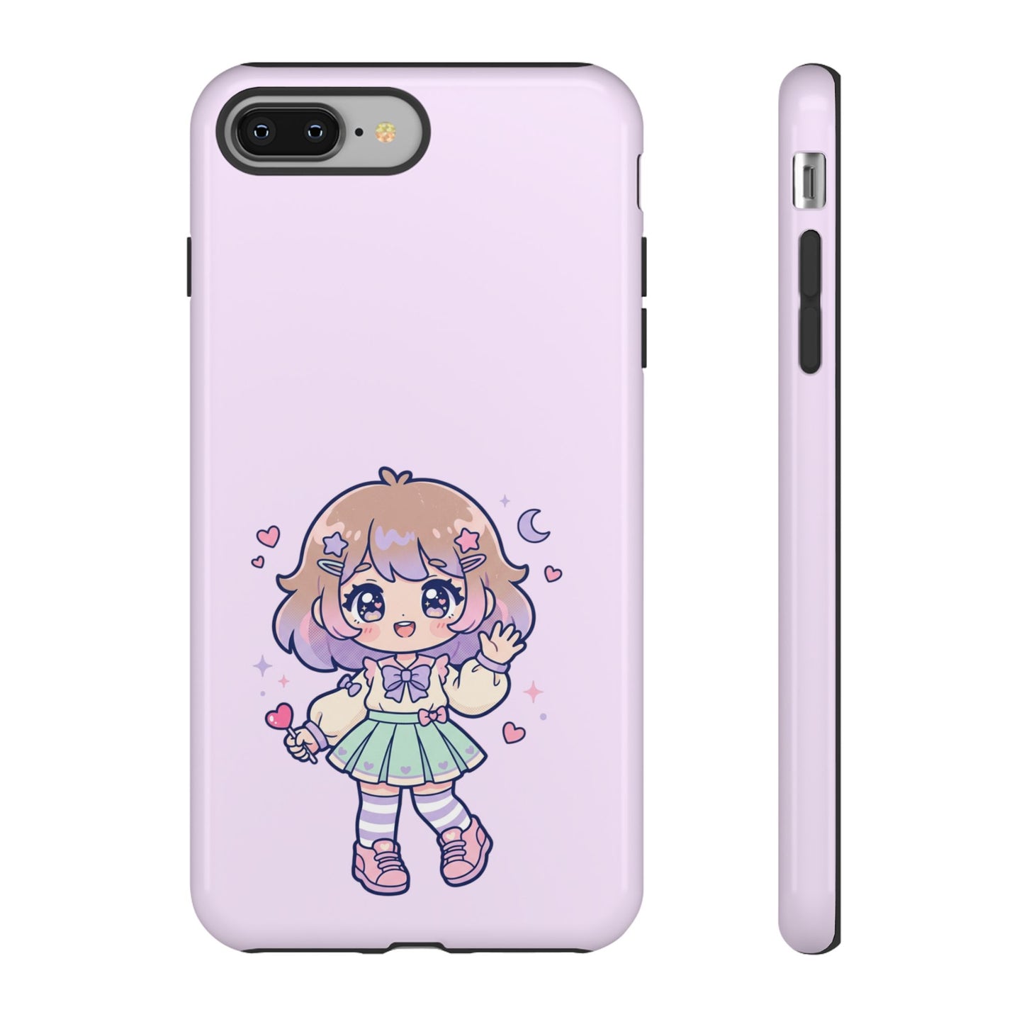 Cute Kawaii Girl Phone Case — Pastel Anime iPhone Cover with Hearts & Moon