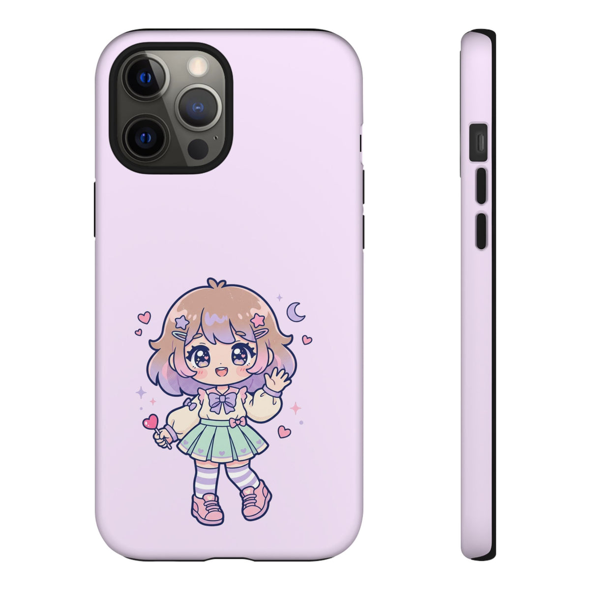 Cute Kawaii Girl Phone Case — Pastel Anime iPhone Cover with Hearts & Moon