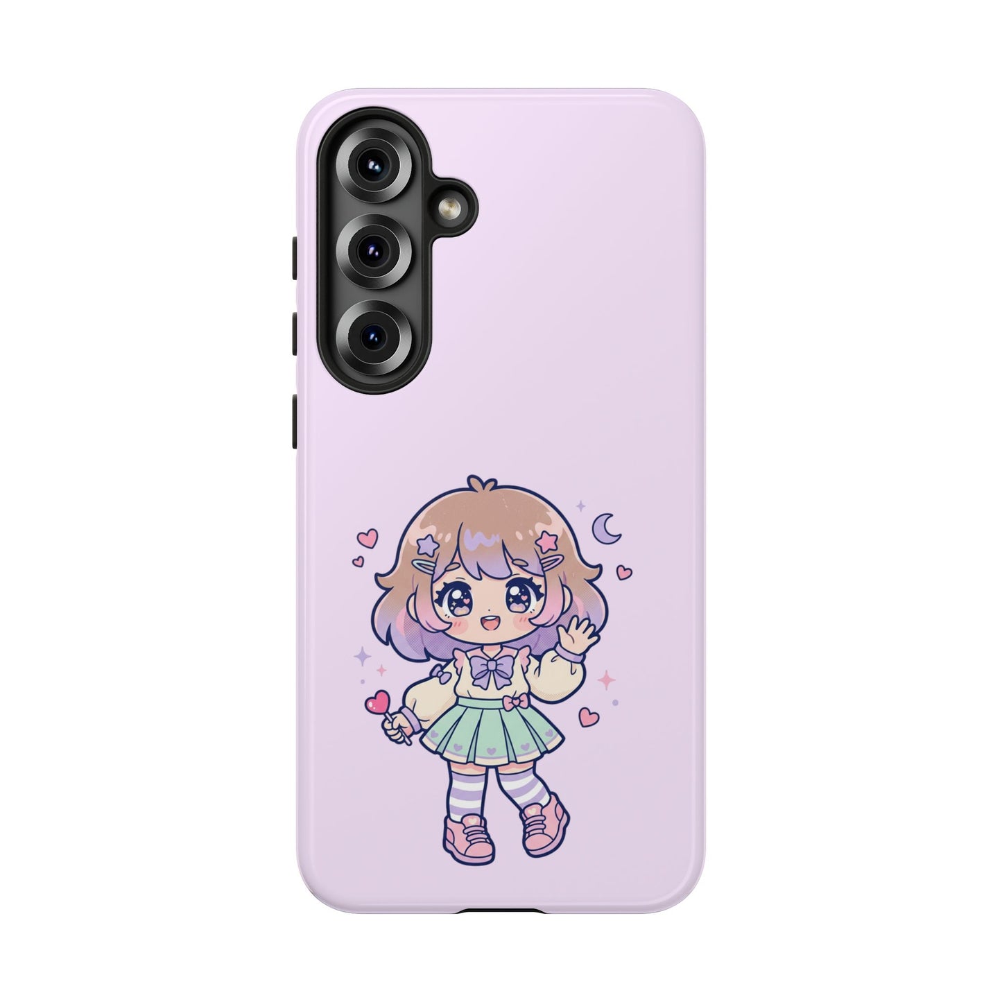 Cute Kawaii Girl Phone Case — Pastel Anime iPhone Cover with Hearts & Moon