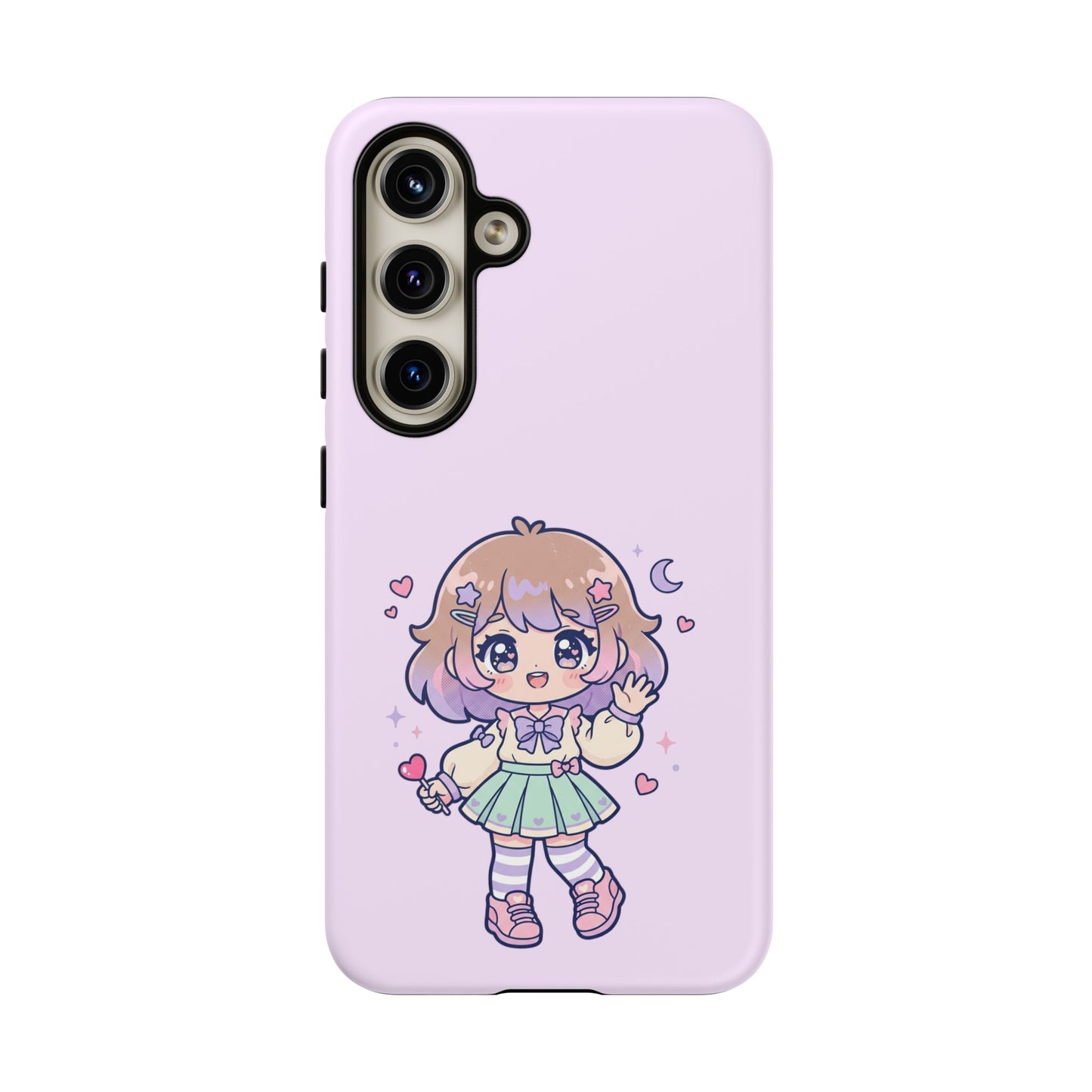 Cute Kawaii Girl Phone Case — Pastel Anime iPhone Cover with Hearts & Moon