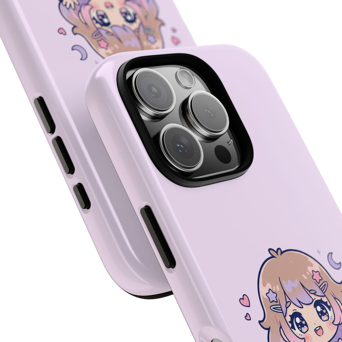 Cute Kawaii Girl Phone Case — Pastel Anime iPhone Cover with Hearts & Moon