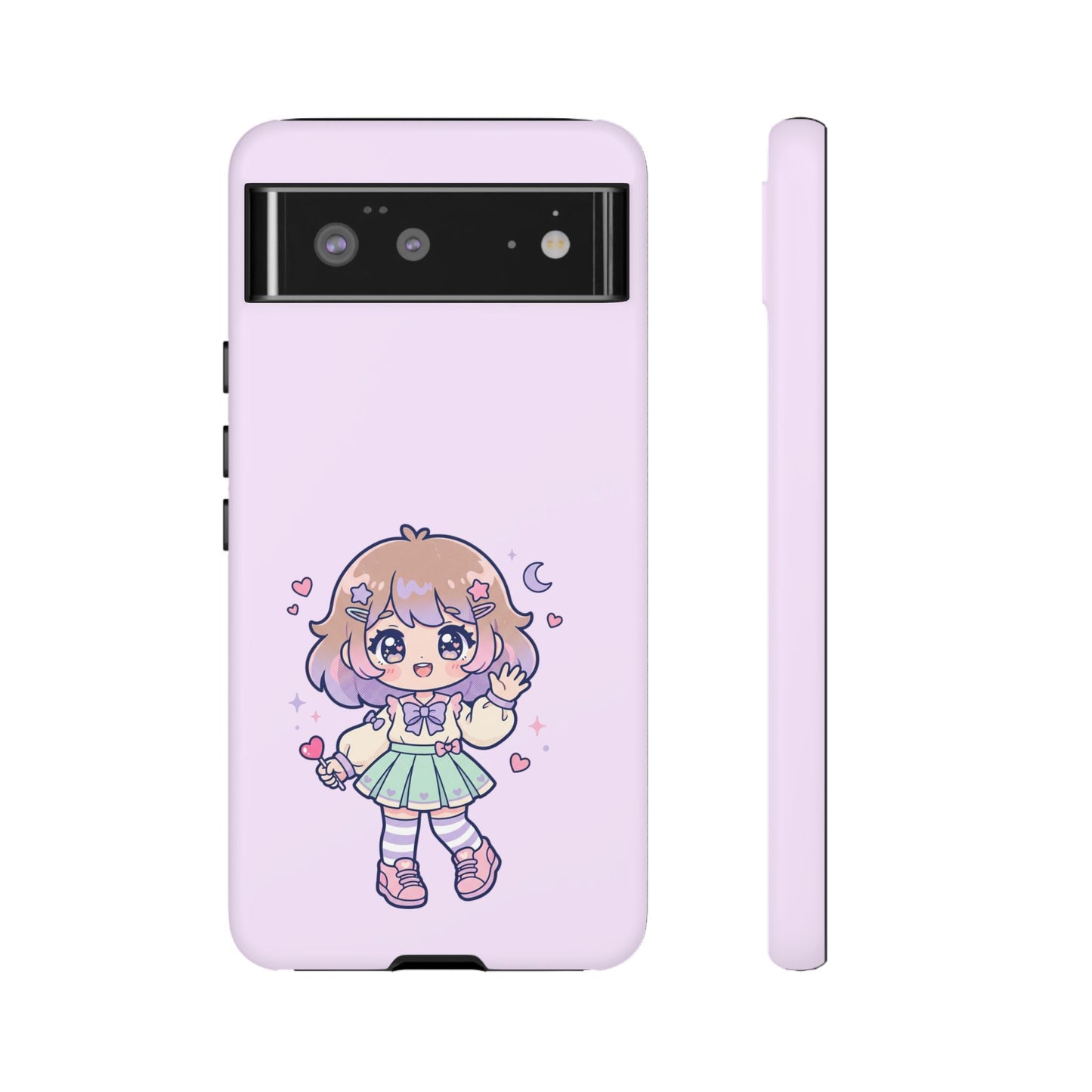 Cute Kawaii Girl Phone Case — Pastel Anime iPhone Cover with Hearts & Moon