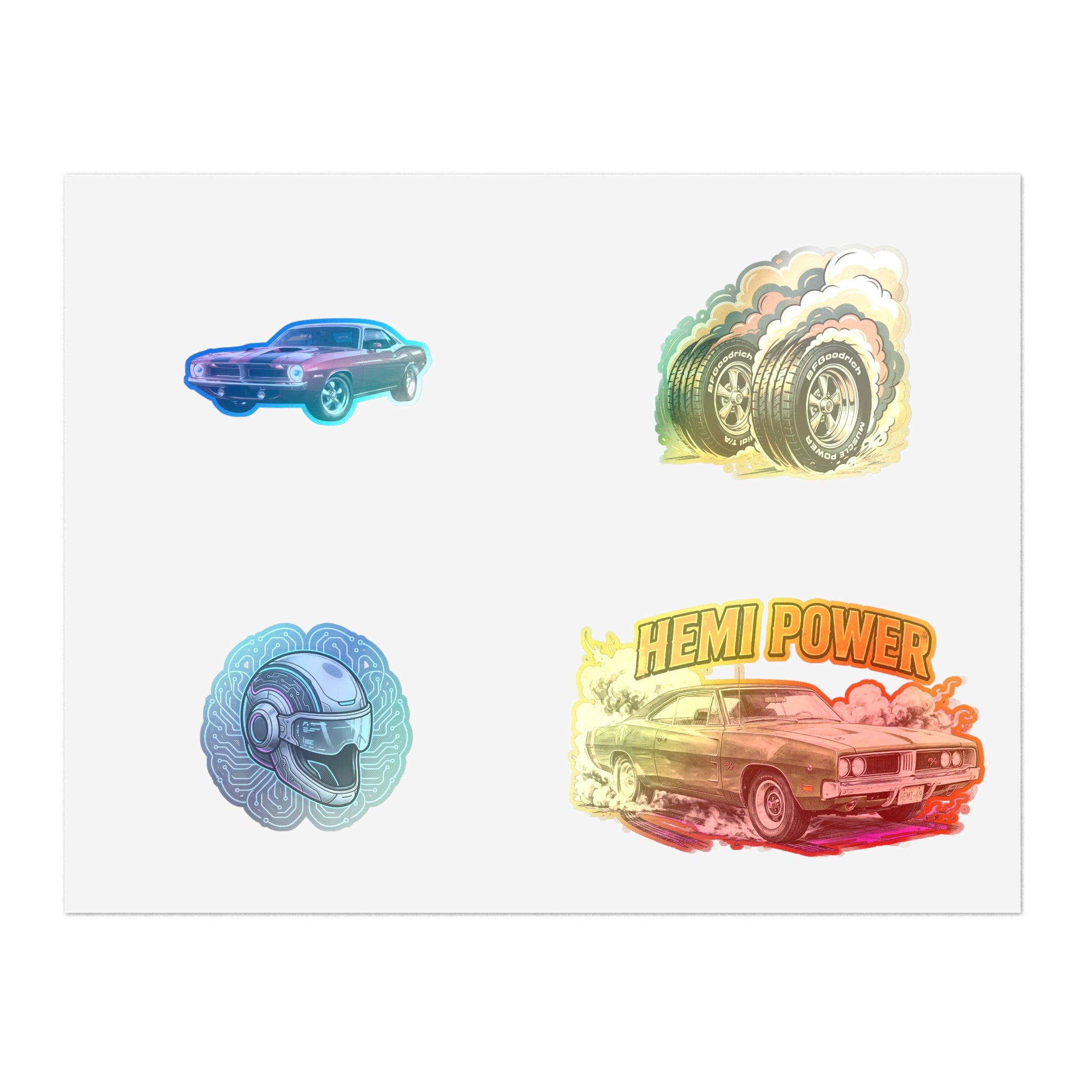 Hemi Power Muscle Car Sticker Sheet — Retro Racing Car & Helmet Decals