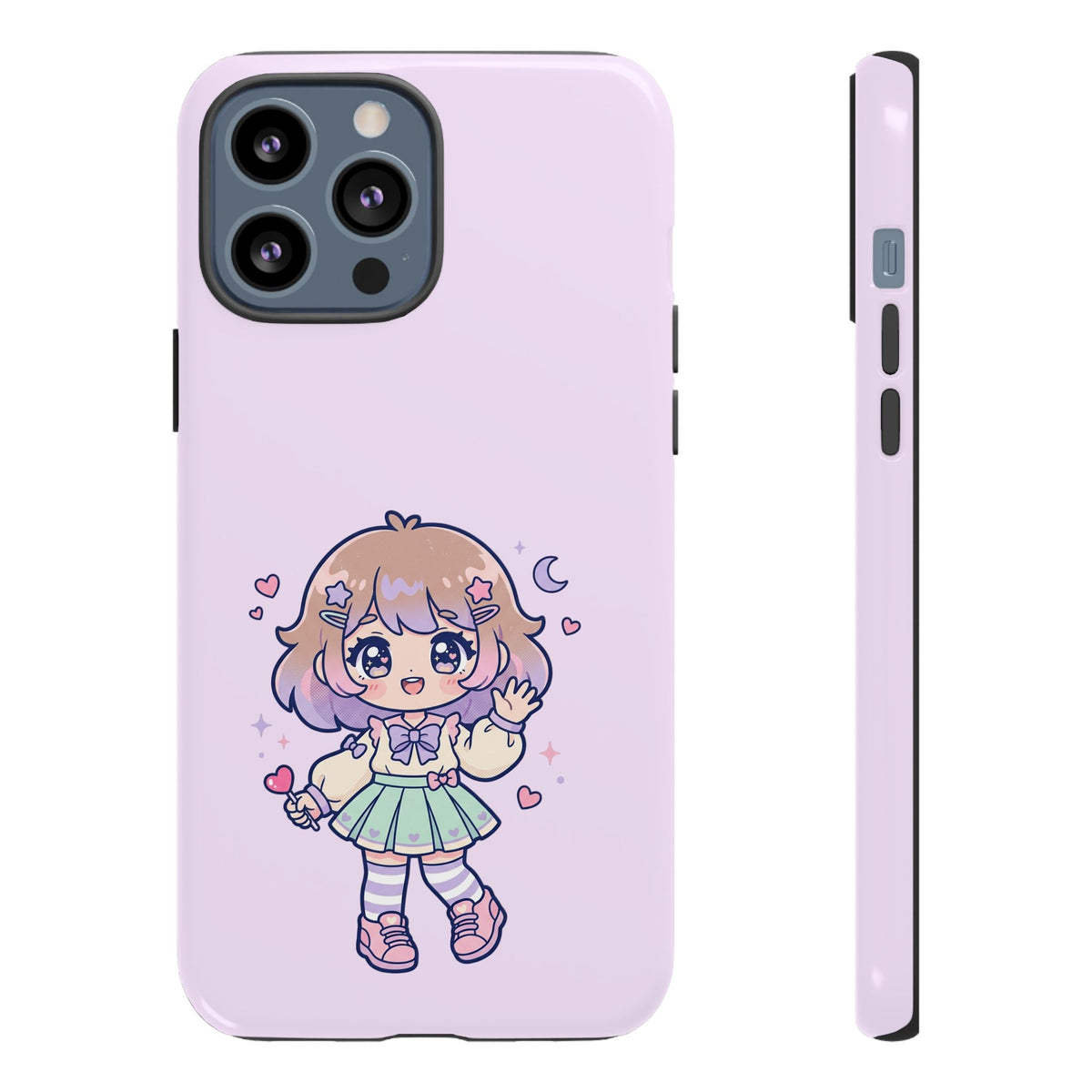 Cute Kawaii Girl Phone Case — Pastel Anime iPhone Cover with Hearts & Moon