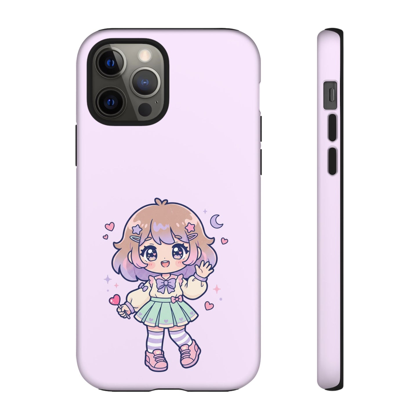 Cute Kawaii Girl Phone Case — Pastel Anime iPhone Cover with Hearts & Moon