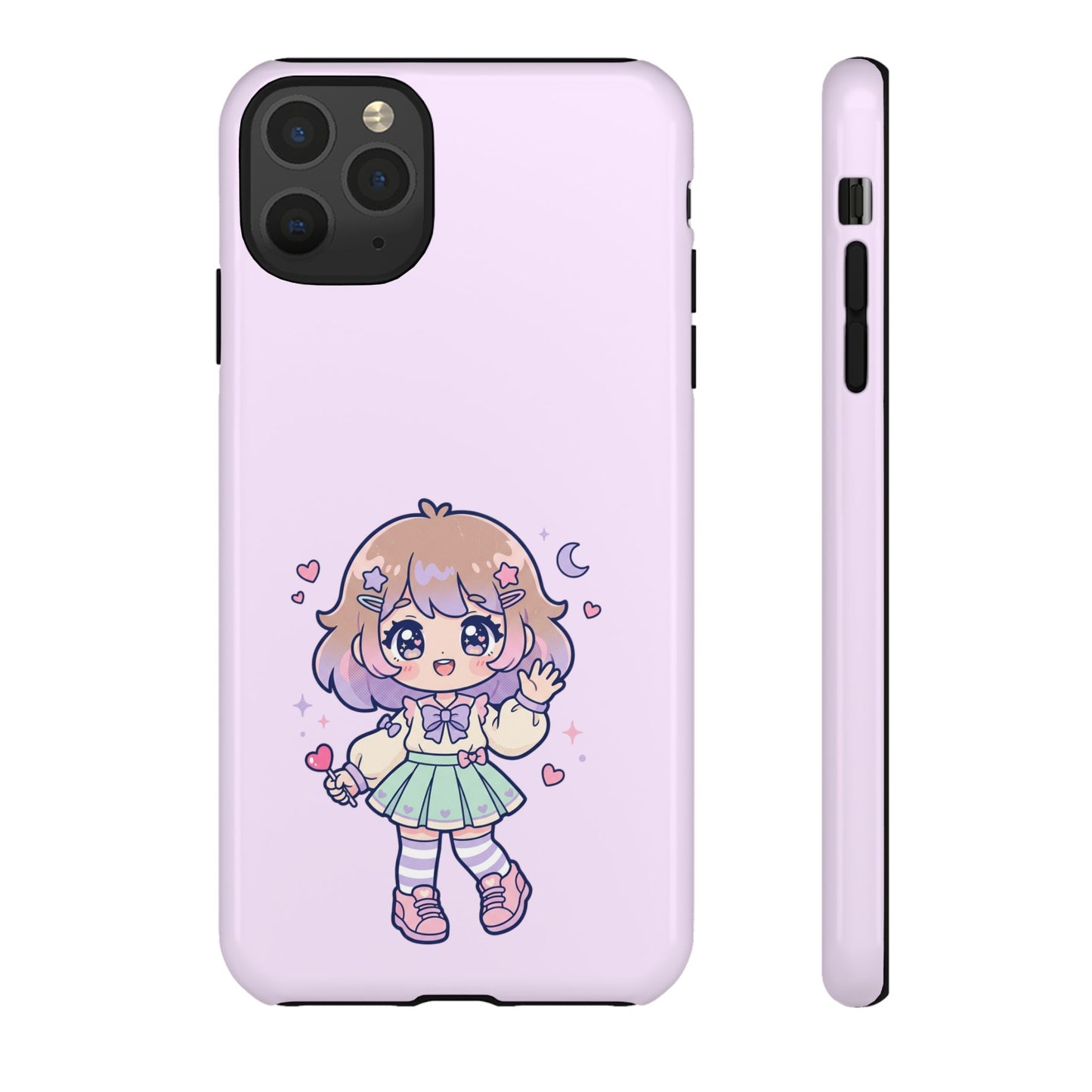 Cute Kawaii Girl Phone Case — Pastel Anime iPhone Cover with Hearts & Moon