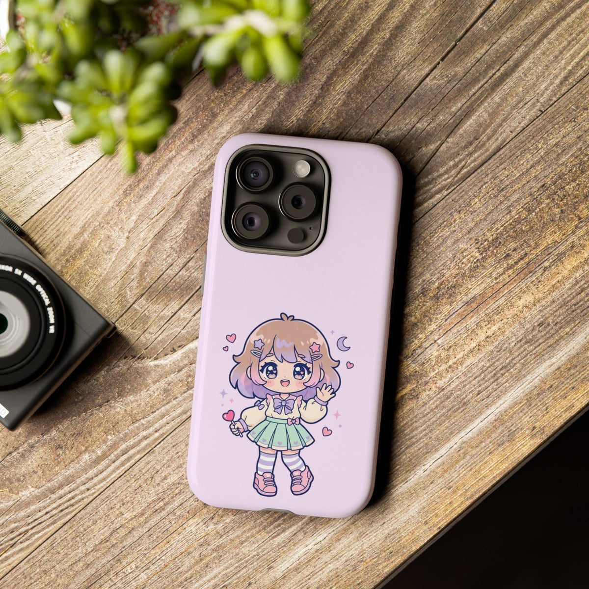 Cute Kawaii Girl Phone Case — Pastel Anime iPhone Cover with Hearts & Moon