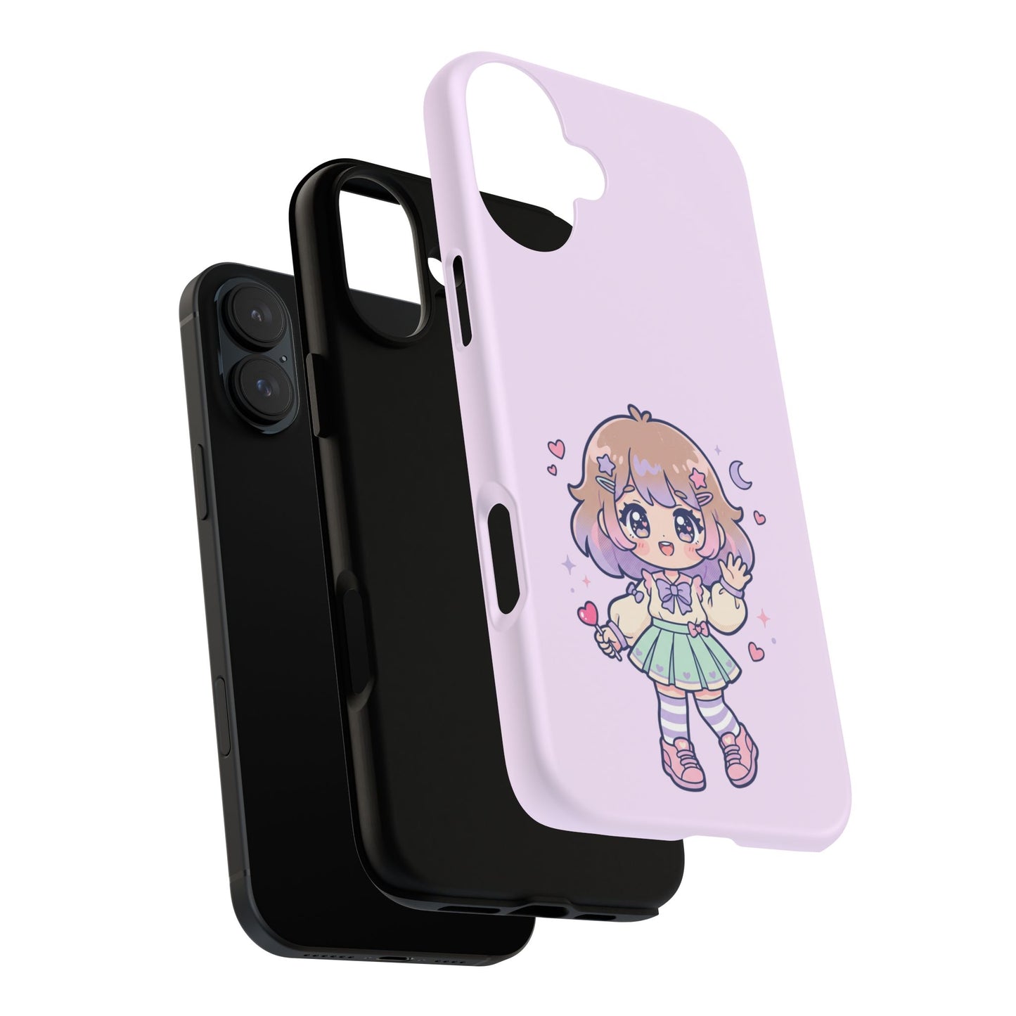 Cute Kawaii Girl Phone Case — Pastel Anime iPhone Cover with Hearts & Moon