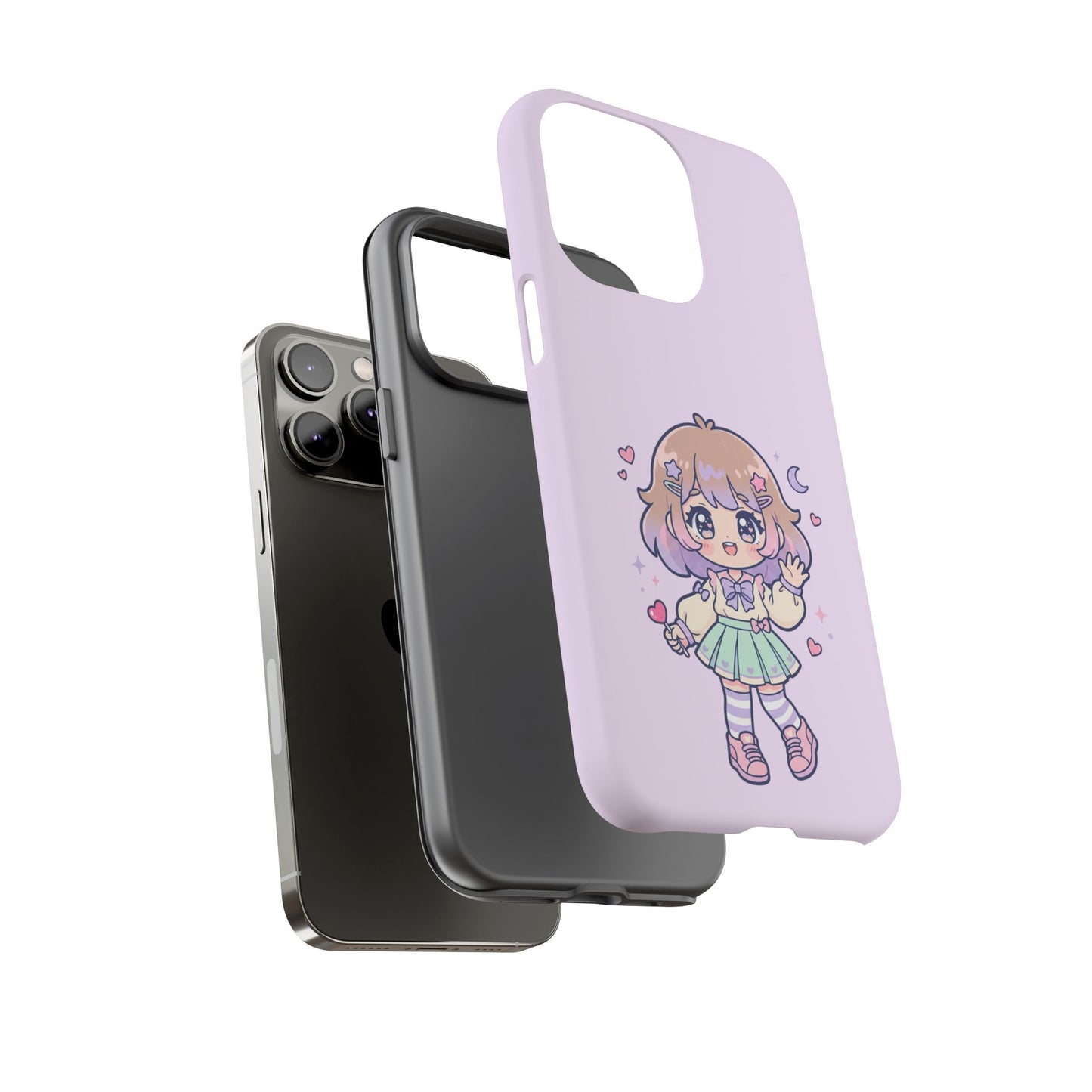 Cute Kawaii Girl Phone Case — Pastel Anime iPhone Cover with Hearts & Moon