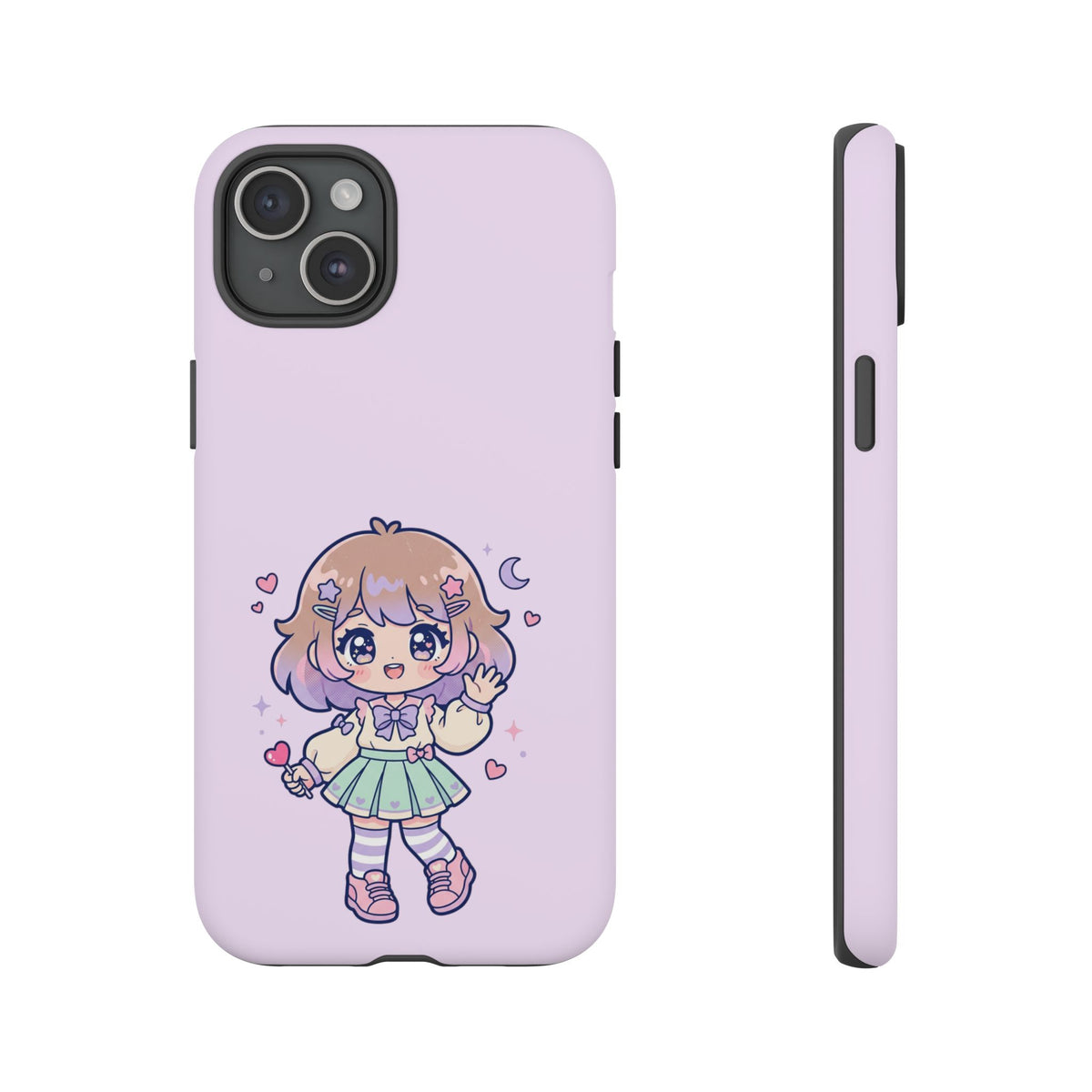 Cute Kawaii Girl Phone Case — Pastel Anime iPhone Cover with Hearts & Moon