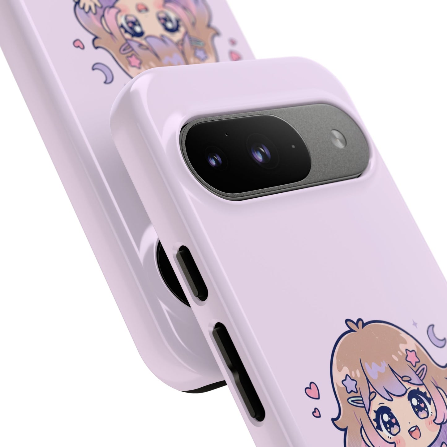 Cute Kawaii Girl Phone Case — Pastel Anime iPhone Cover with Hearts & Moon