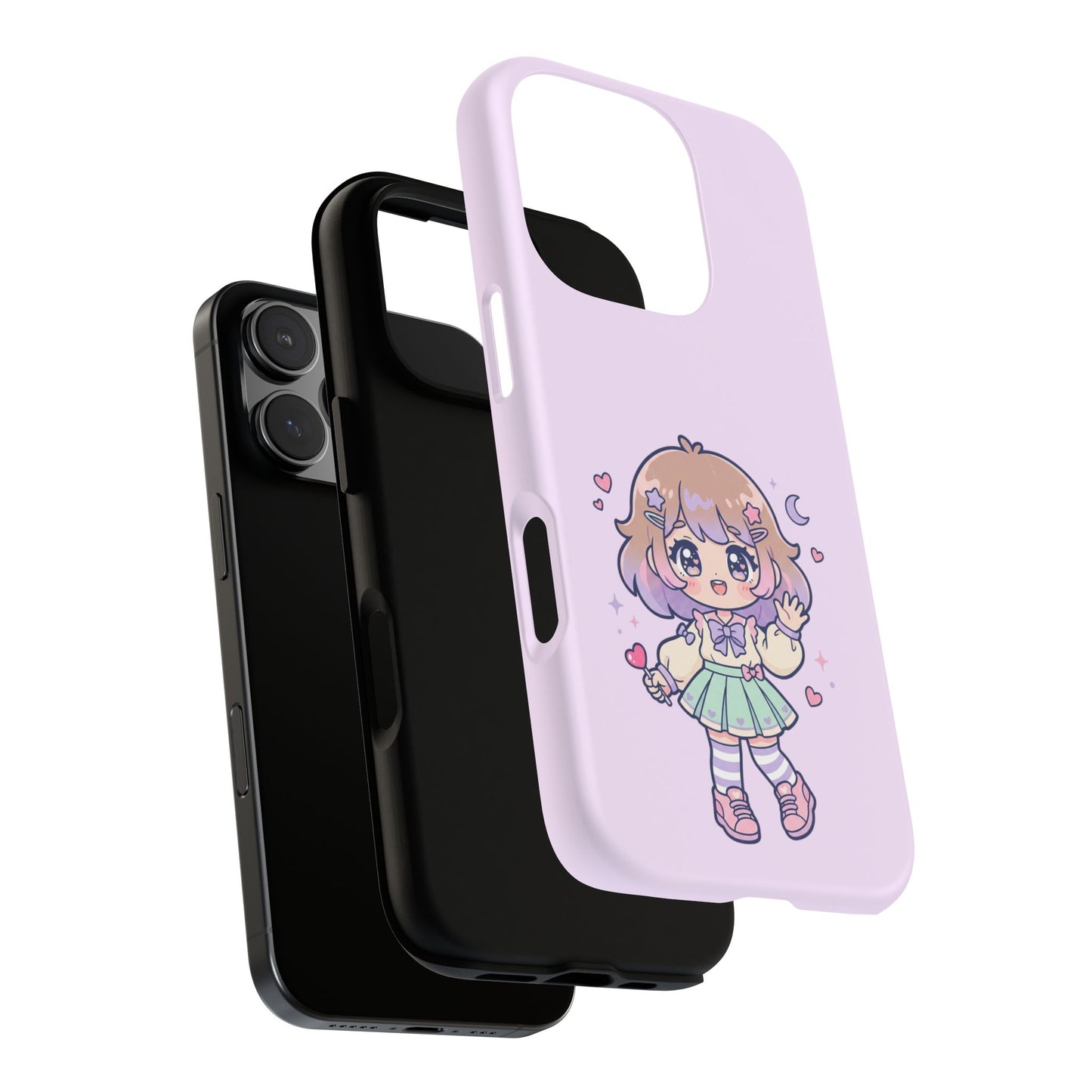 Cute Kawaii Girl Phone Case — Pastel Anime iPhone Cover with Hearts & Moon
