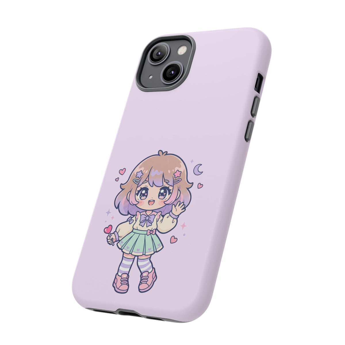 Cute Kawaii Girl Phone Case — Pastel Anime iPhone Cover with Hearts & Moon
