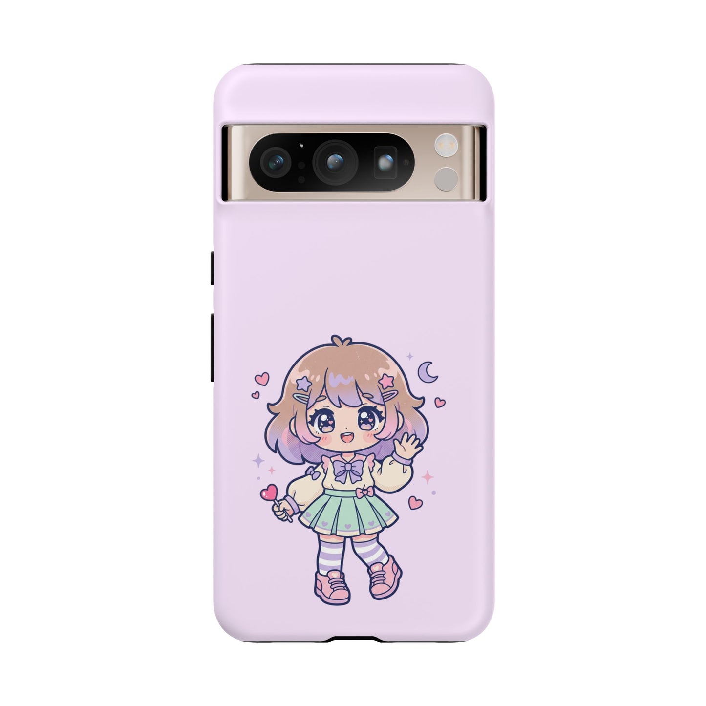 Cute Kawaii Girl Phone Case — Pastel Anime iPhone Cover with Hearts & Moon