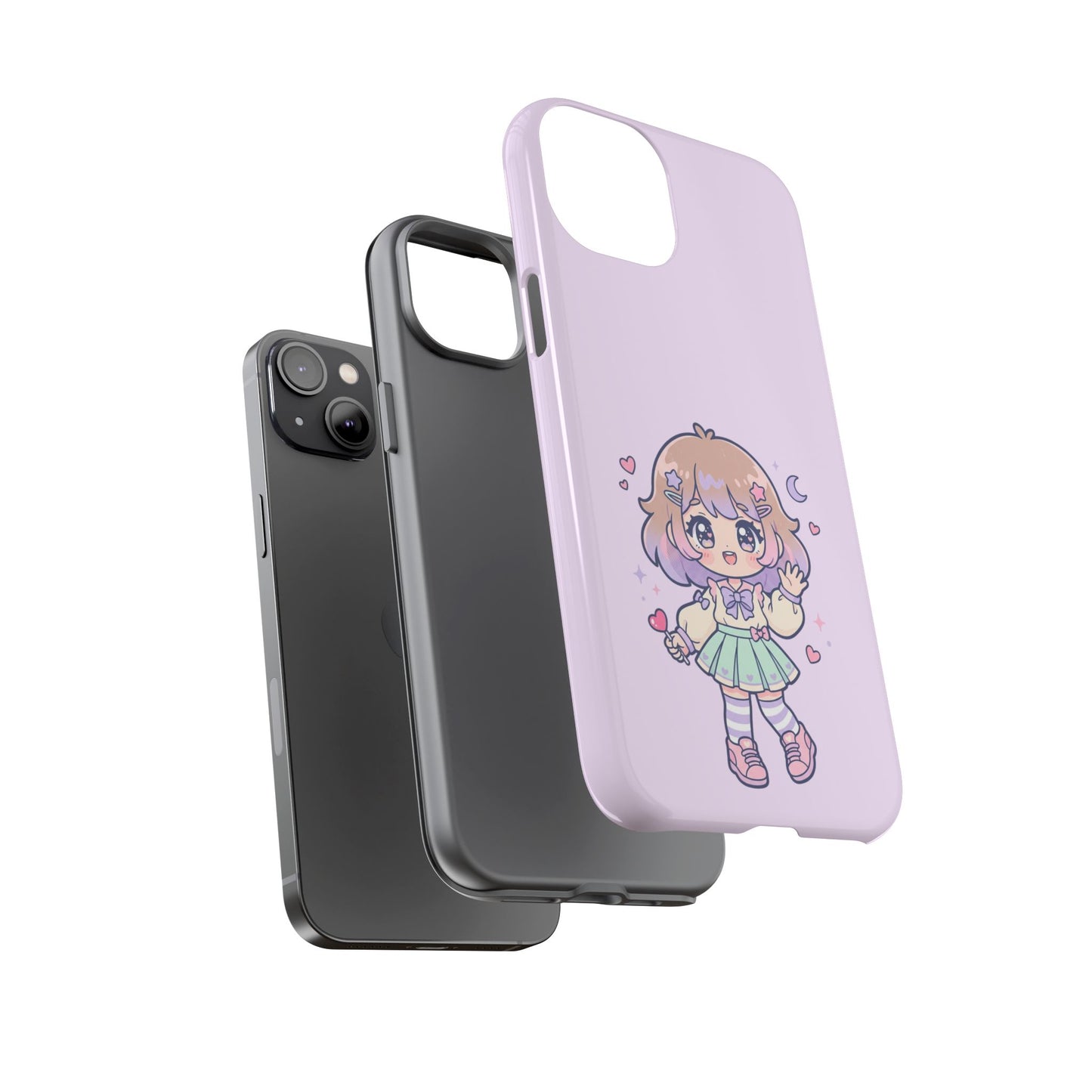 Cute Kawaii Girl Phone Case — Pastel Anime iPhone Cover with Hearts & Moon