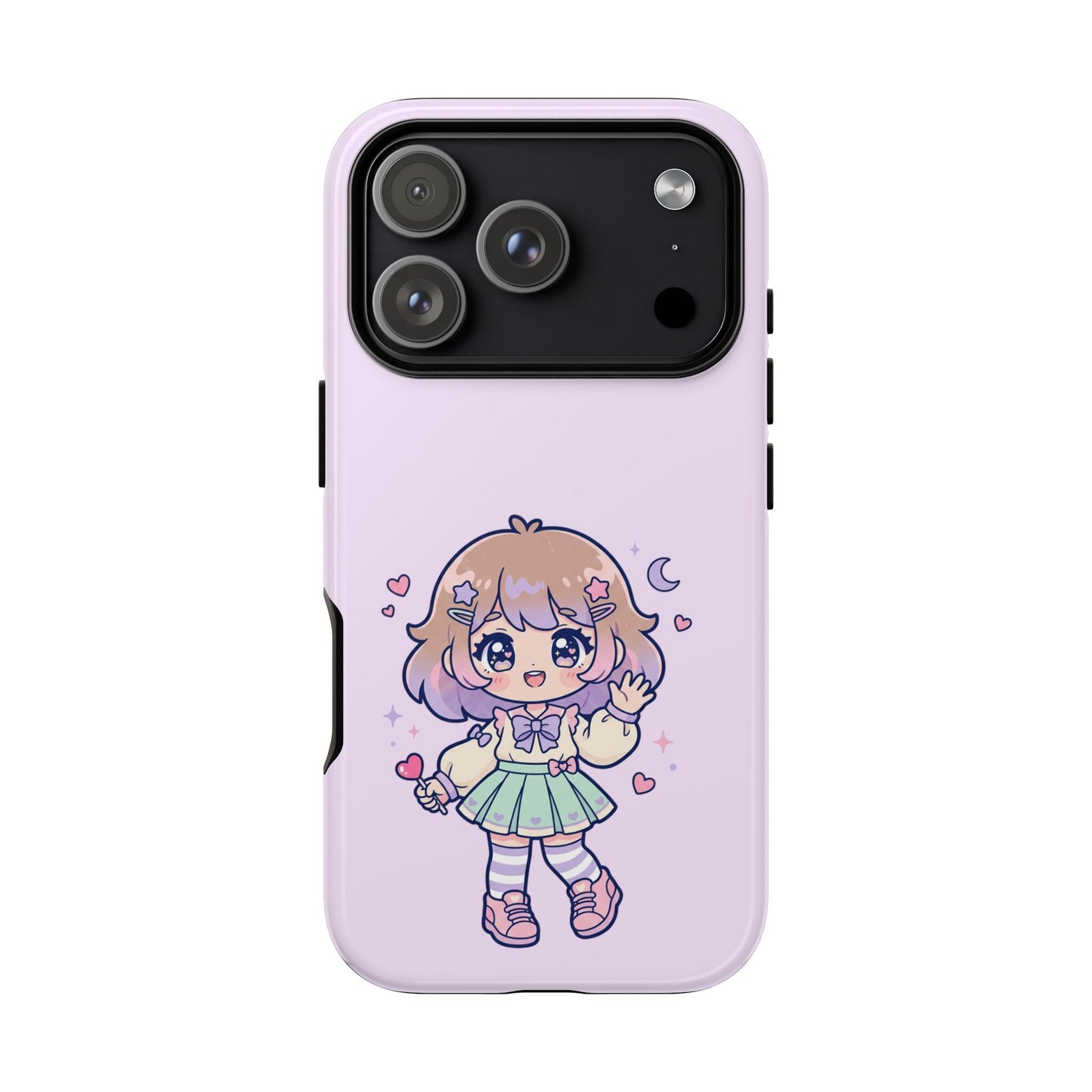 Cute Kawaii Girl Phone Case — Pastel Anime iPhone Cover with Hearts & Moon