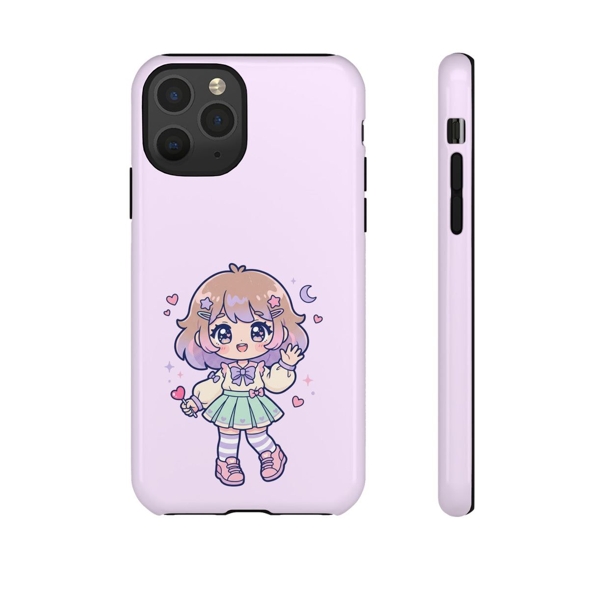 Cute Kawaii Girl Phone Case — Pastel Anime iPhone Cover with Hearts & Moon