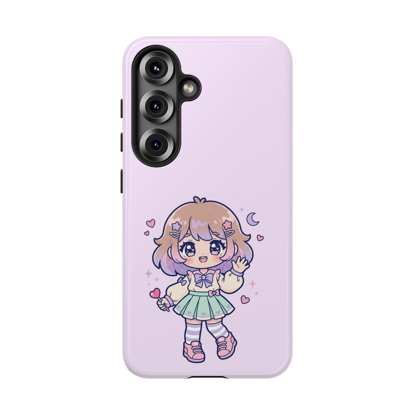 Cute Kawaii Girl Phone Case — Pastel Anime iPhone Cover with Hearts & Moon
