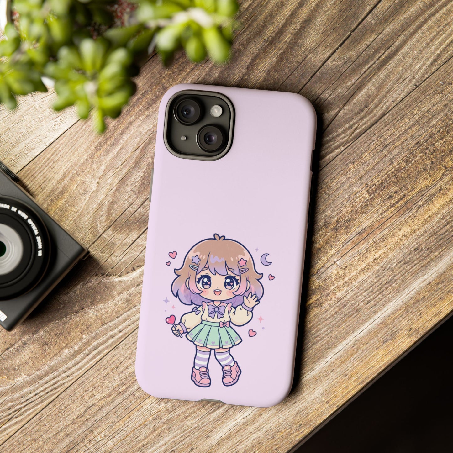 Cute Kawaii Girl Phone Case — Pastel Anime iPhone Cover with Hearts & Moon