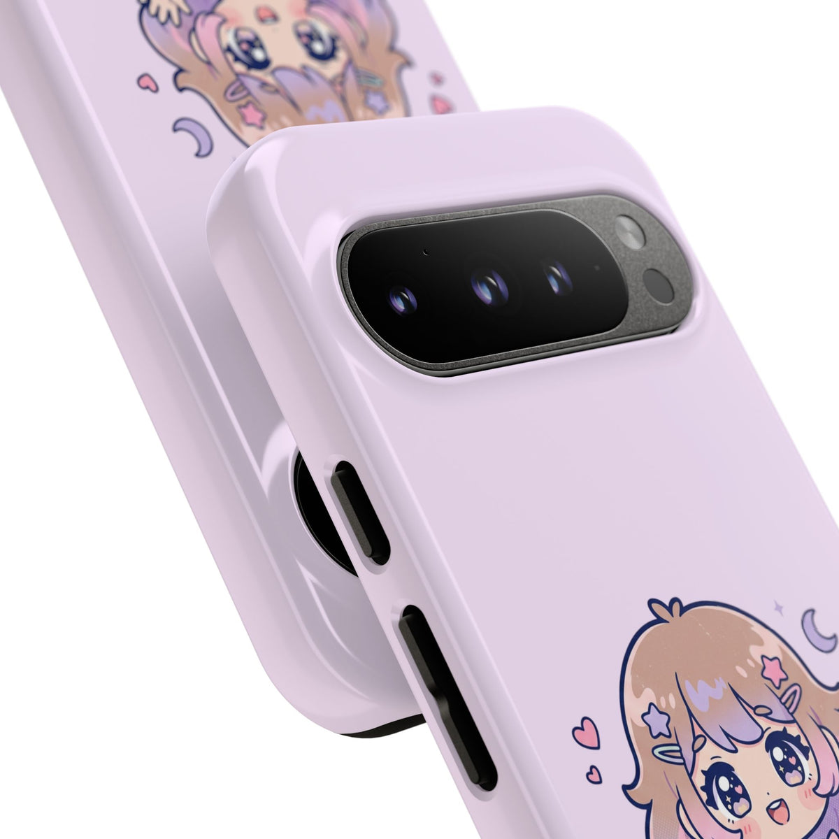 Cute Kawaii Girl Phone Case — Pastel Anime iPhone Cover with Hearts & Moon