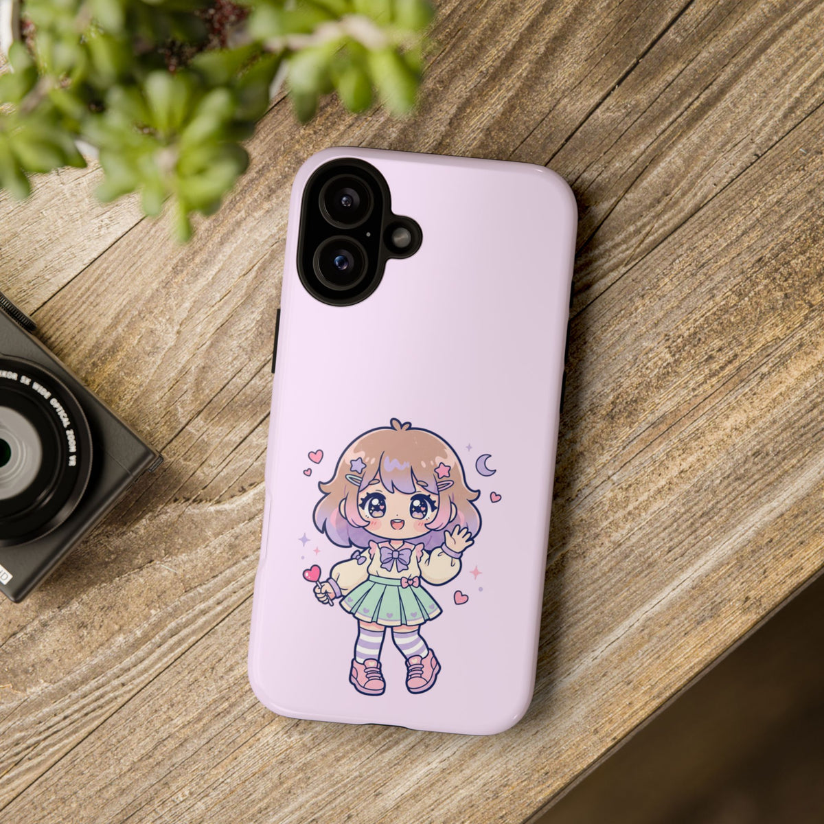 Cute Kawaii Girl Phone Case — Pastel Anime iPhone Cover with Hearts & Moon