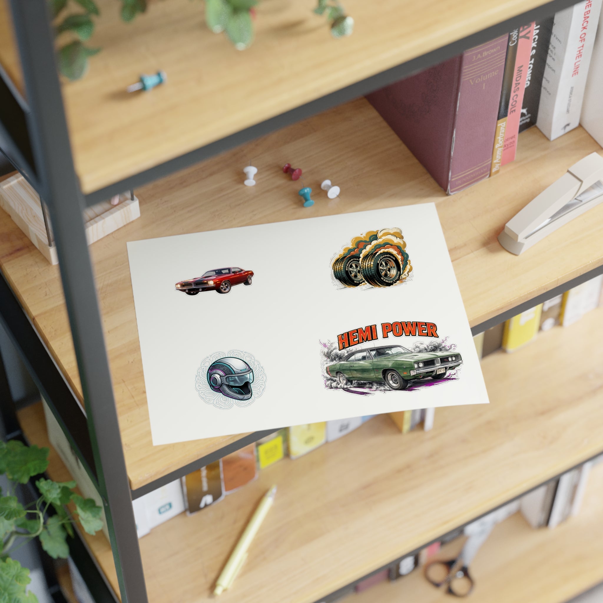 Hemi Power Muscle Car Sticker Sheet — Retro Racing Car & Helmet Decals