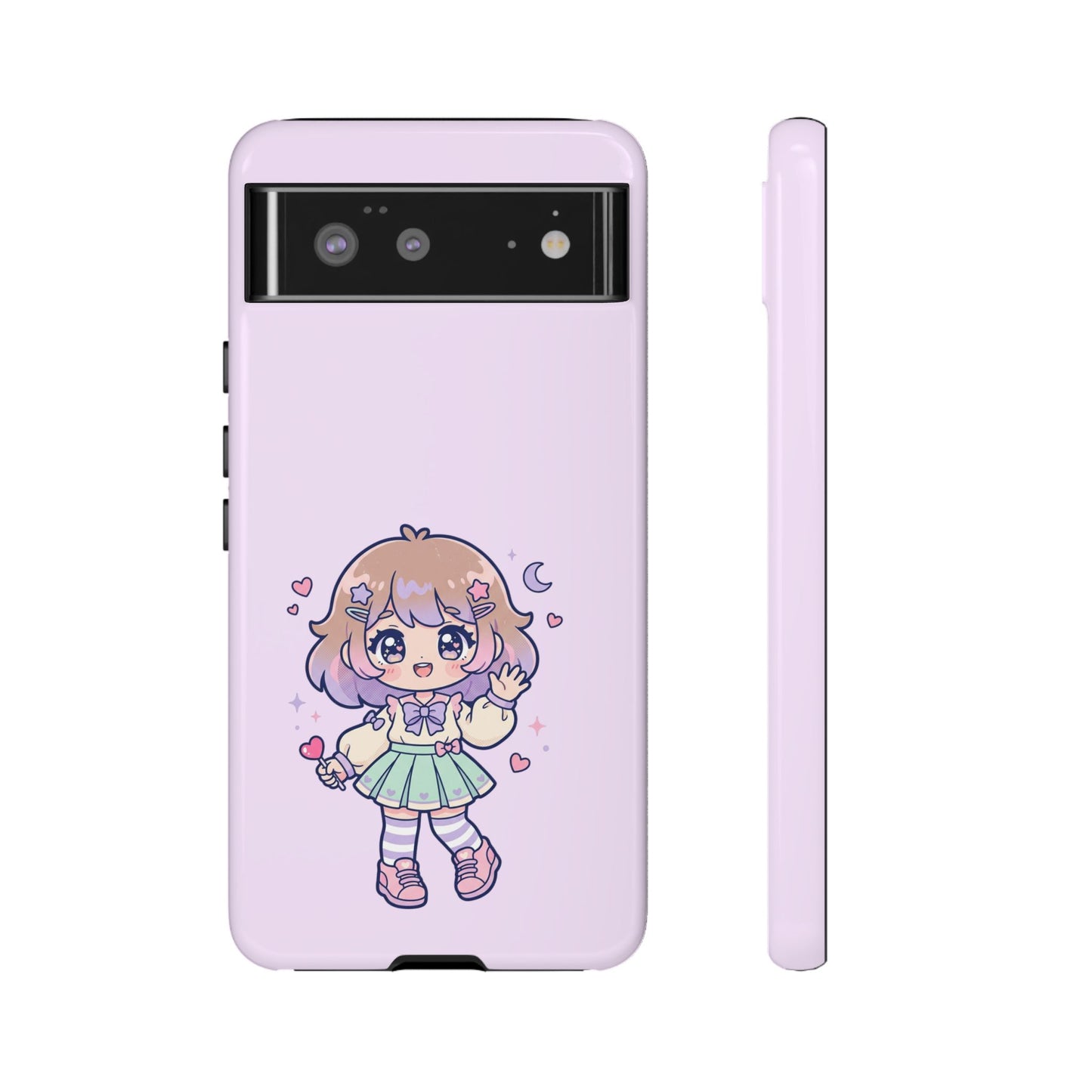 Cute Kawaii Girl Phone Case — Pastel Anime iPhone Cover with Hearts & Moon