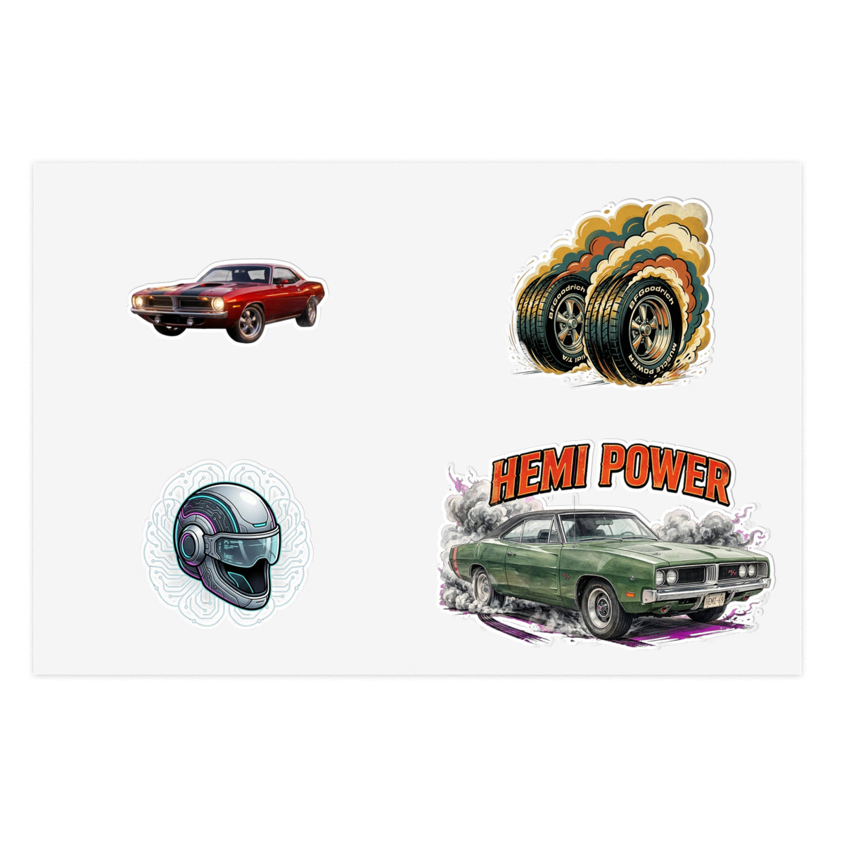 Classic Muscle Car Sticker Sheet — HEMI Power, Helmet & Tire Burst Decals