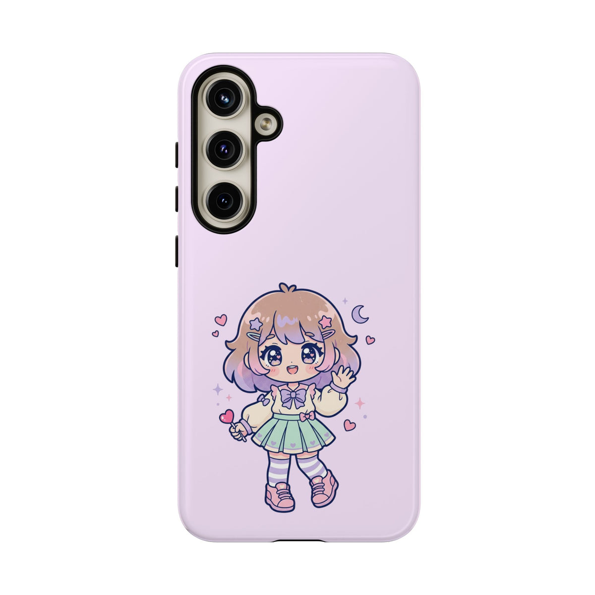 Cute Kawaii Girl Phone Case — Pastel Anime iPhone Cover with Hearts & Moon