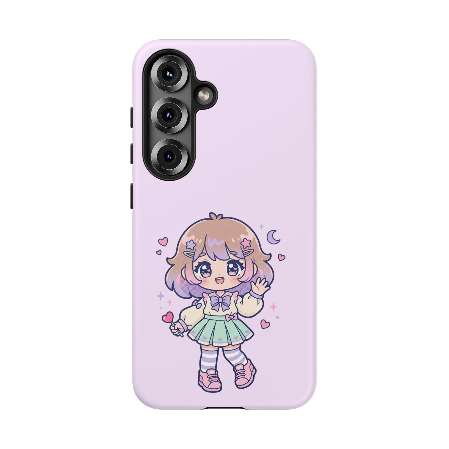 Cute Kawaii Girl Phone Case — Pastel Anime iPhone Cover with Hearts & Moon