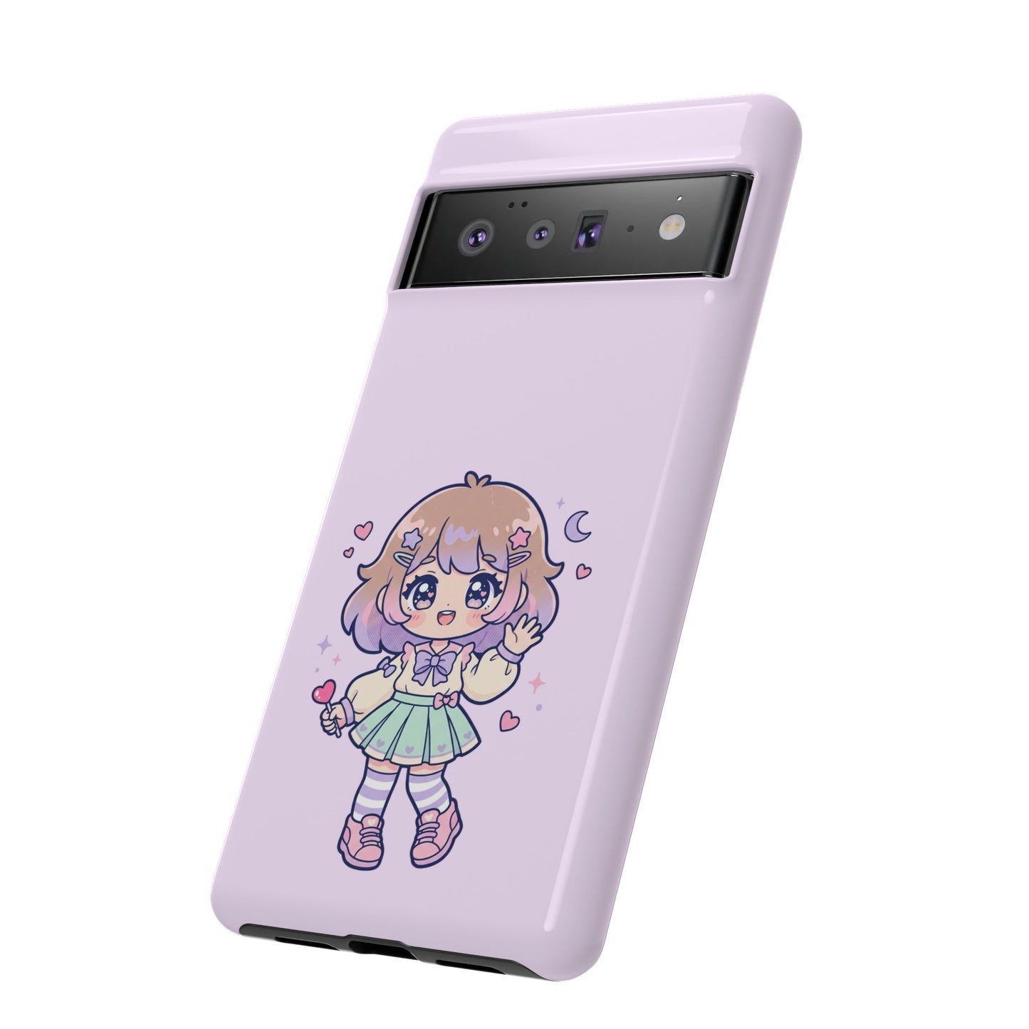 Cute Kawaii Girl Phone Case — Pastel Anime iPhone Cover with Hearts & Moon