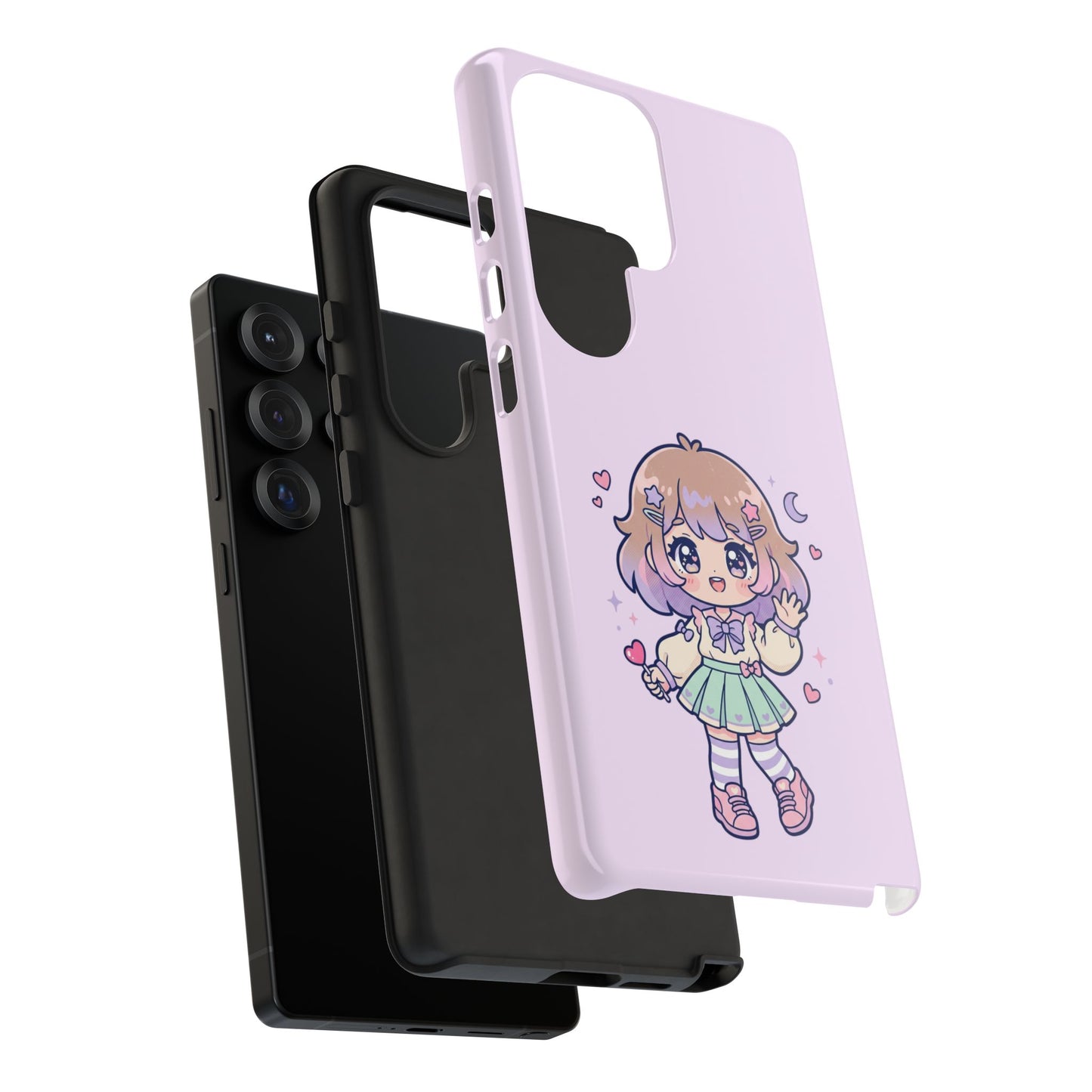 Cute Kawaii Girl Phone Case — Pastel Anime iPhone Cover with Hearts & Moon
