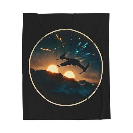 Couverture Double Coucher de Soleil Rétro Sci-Fi — Plaid en Velours Peluche Silhouette Vaisseau Spatial