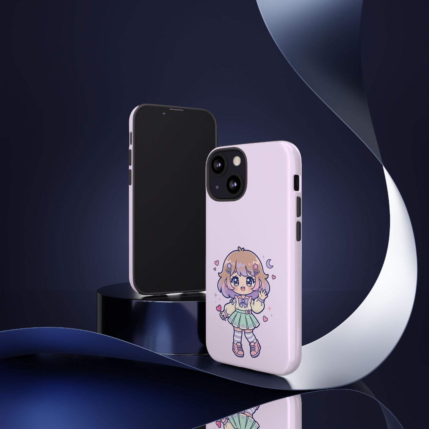 Cute Kawaii Girl Phone Case — Pastel Anime iPhone Cover with Hearts & Moon
