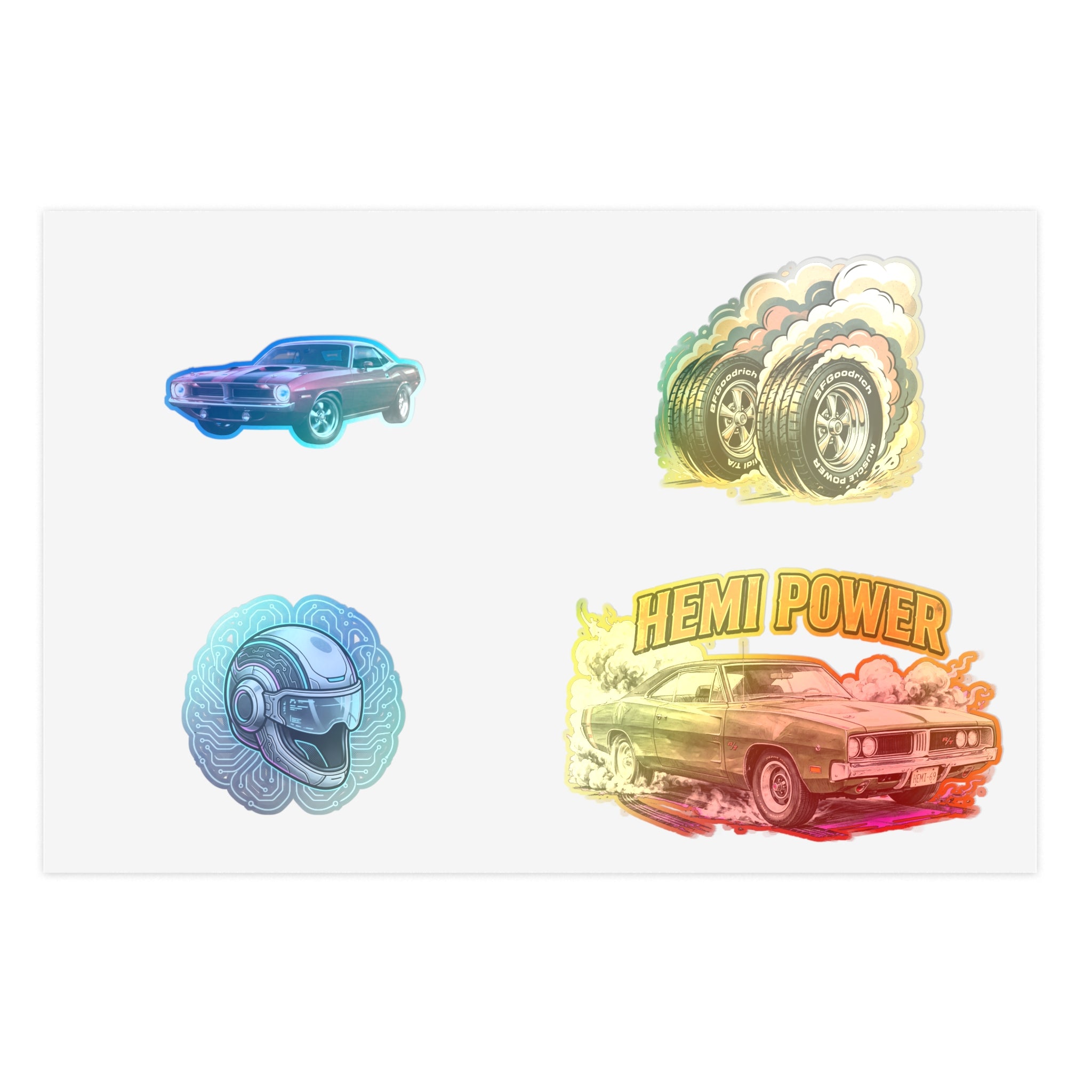 Hemi Power Muscle Car Sticker Sheet — Retro Racing Car & Helmet Decals