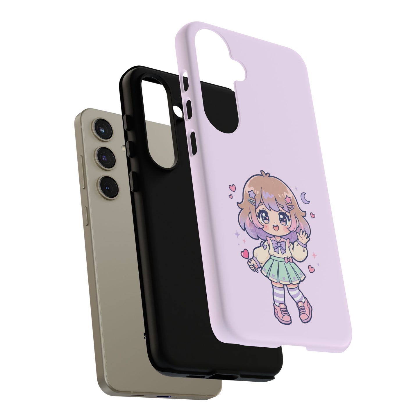 Cute Kawaii Girl Phone Case — Pastel Anime iPhone Cover with Hearts & Moon