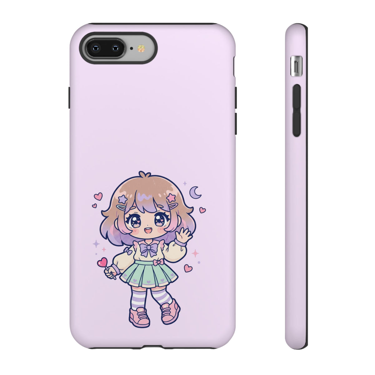 Cute Kawaii Girl Phone Case — Pastel Anime iPhone Cover with Hearts & Moon